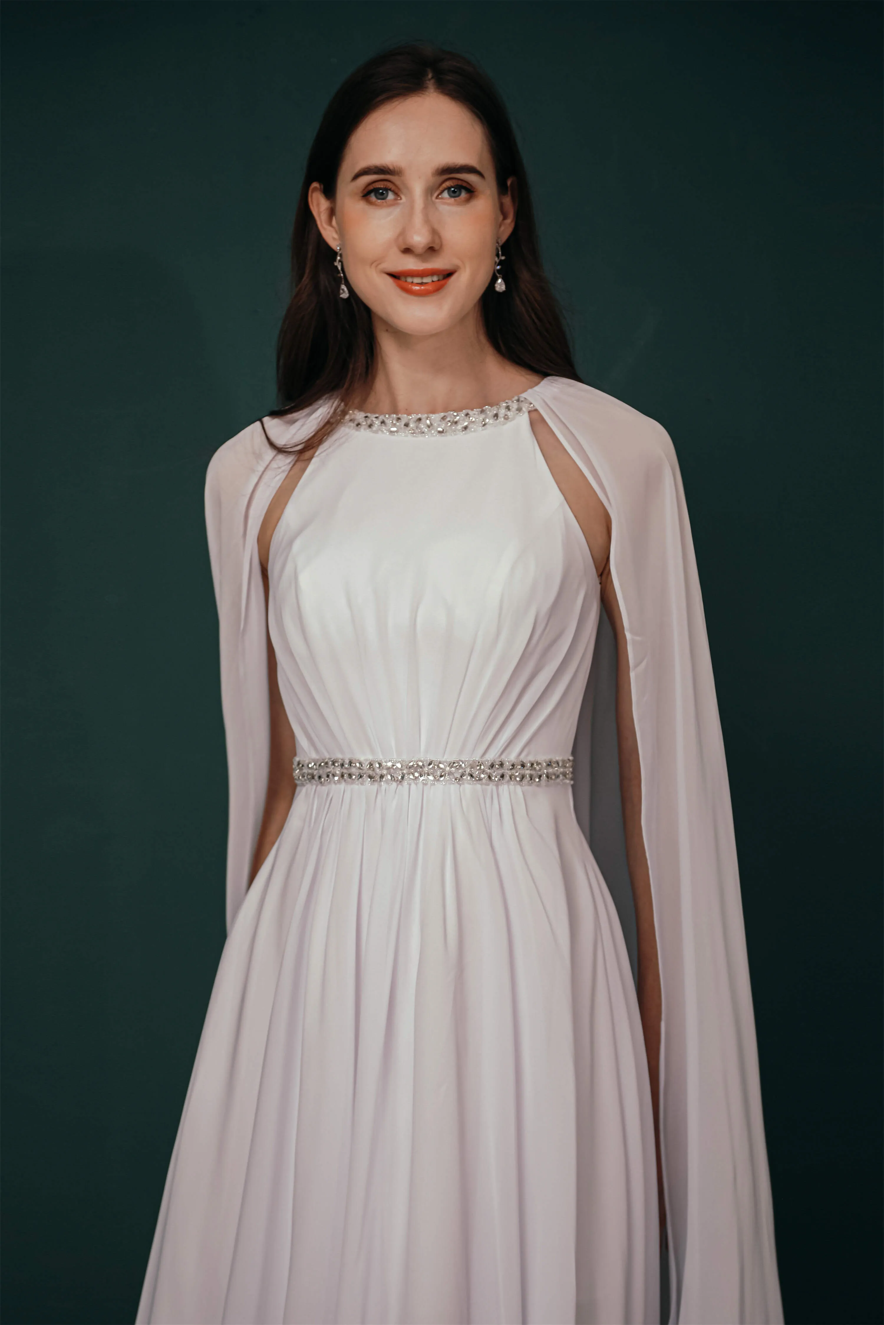 A-Line Crew Tea Length Chiffon Beaded Waist Mother of The Bride Dresses