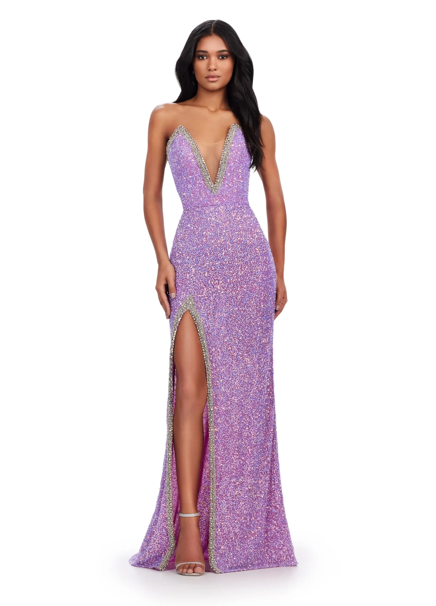 Ashley Lauren 11521 Beaded Sequin Strapless Pageant Dress Slit Crystal V Neck Prom Gown