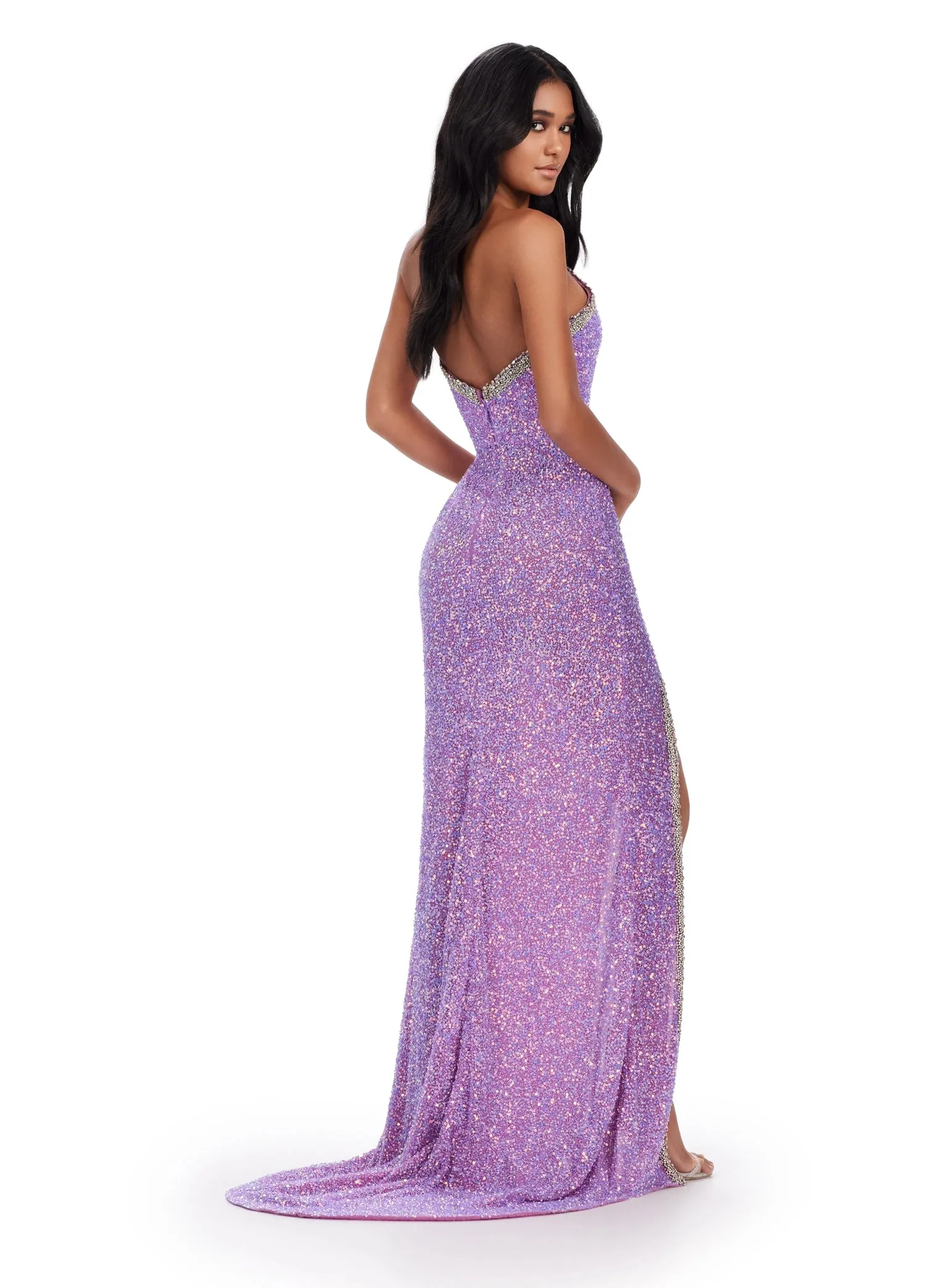 Ashley Lauren 11521 Beaded Sequin Strapless Pageant Dress Slit Crystal V Neck Prom Gown