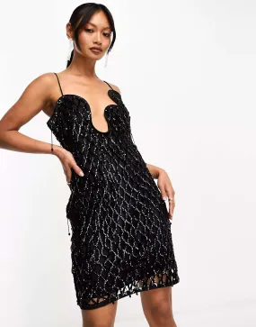 ASOS Lattice Trim Fringed Wave Neck Mini Dress in Black