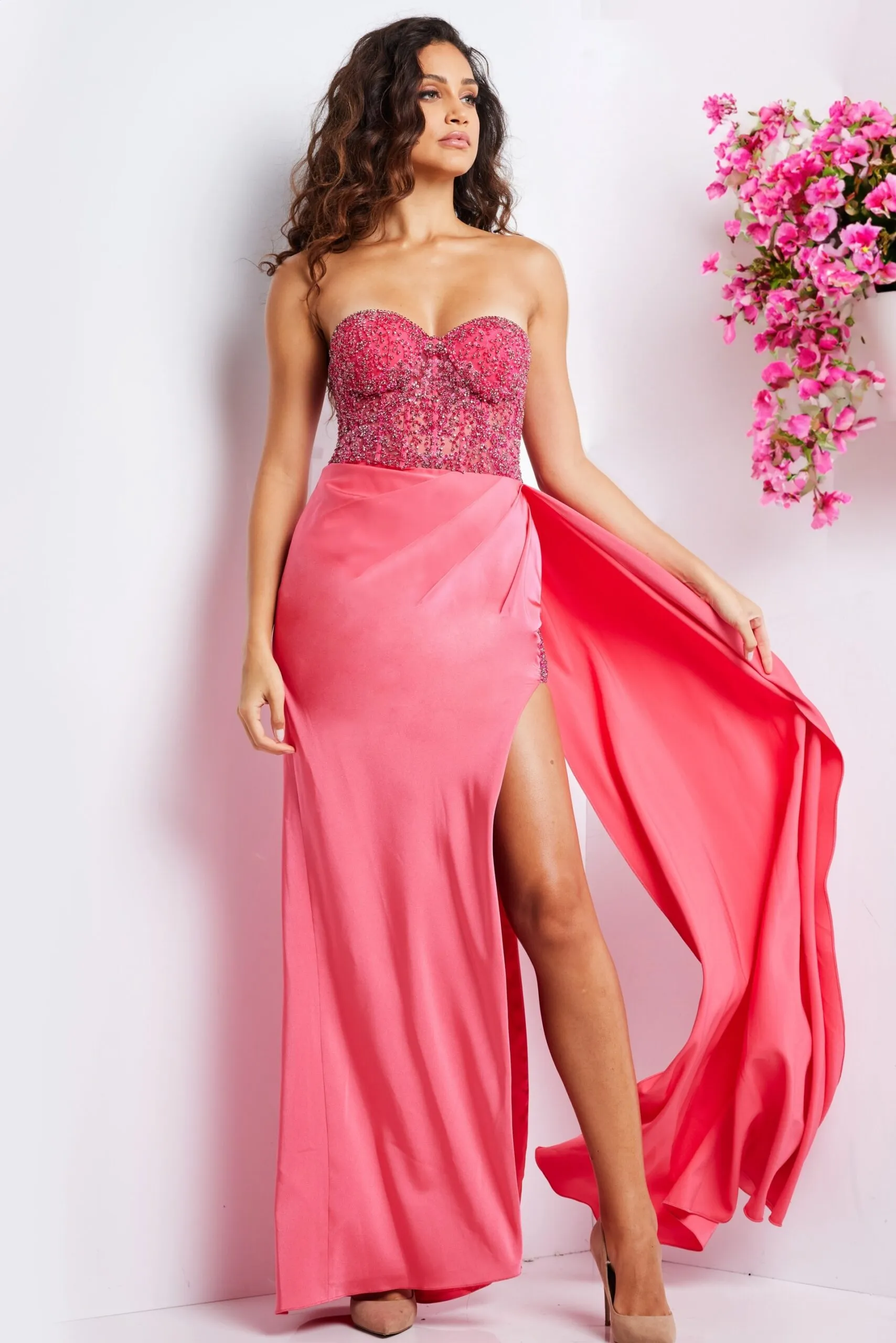 Beaded Fitted Strapless Slit Gown by Jovani 26165