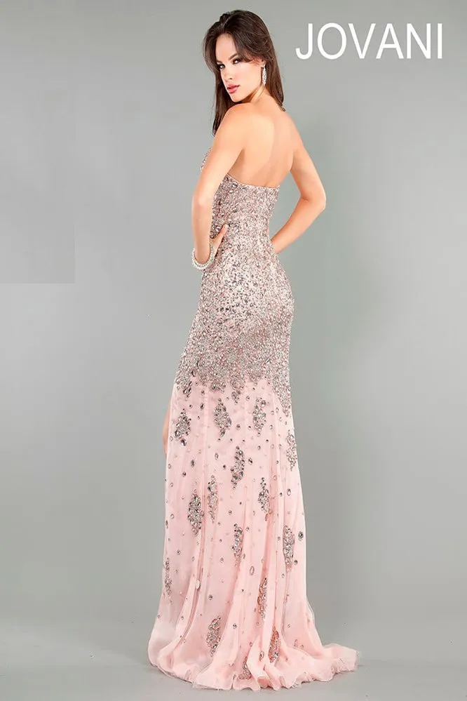 Beaded Fitted Strapless Slit Gown by Jovani 4247