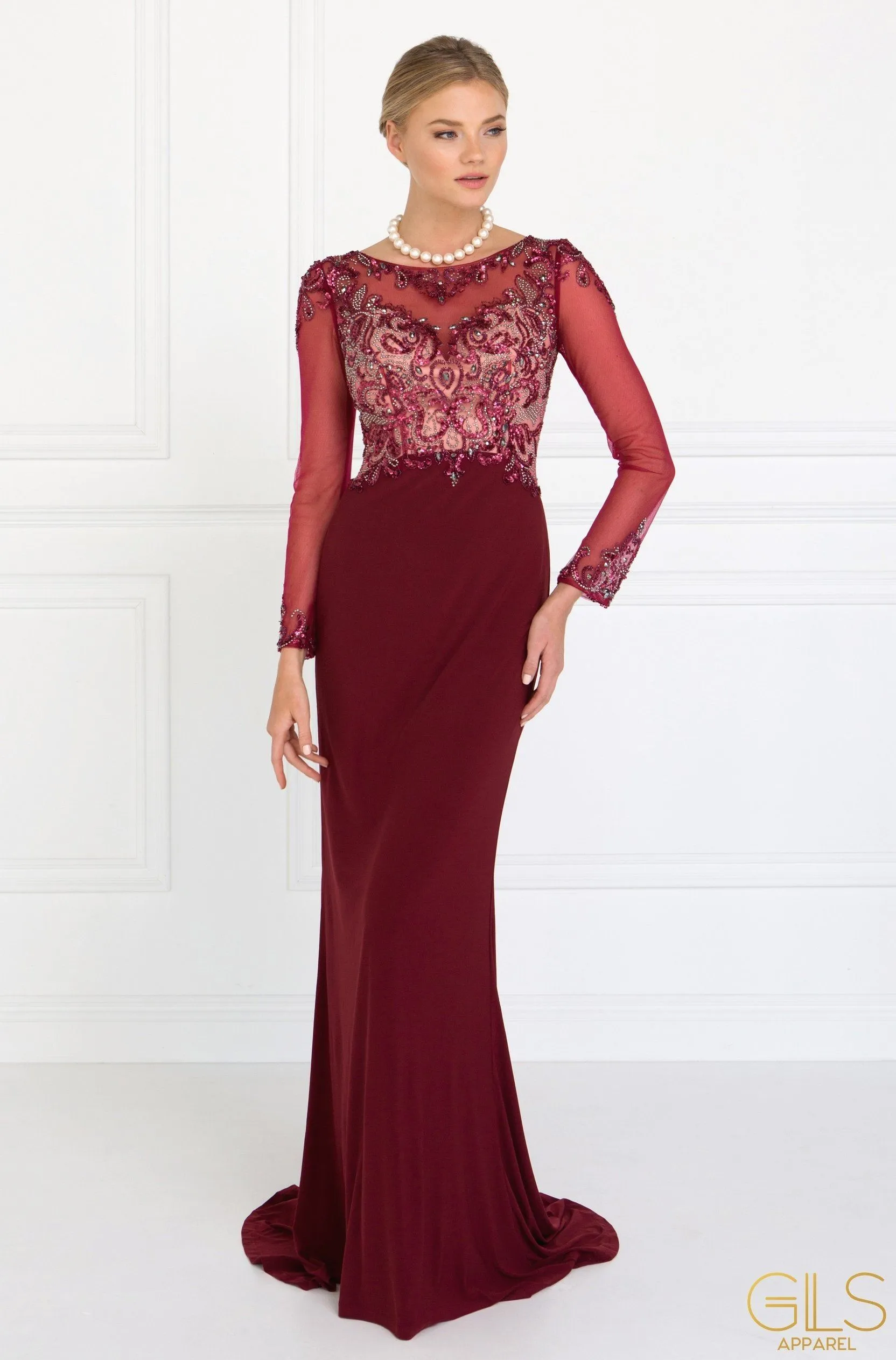 Beaded Illusion Long Sleeve Gown by Elizabeth K GL1506