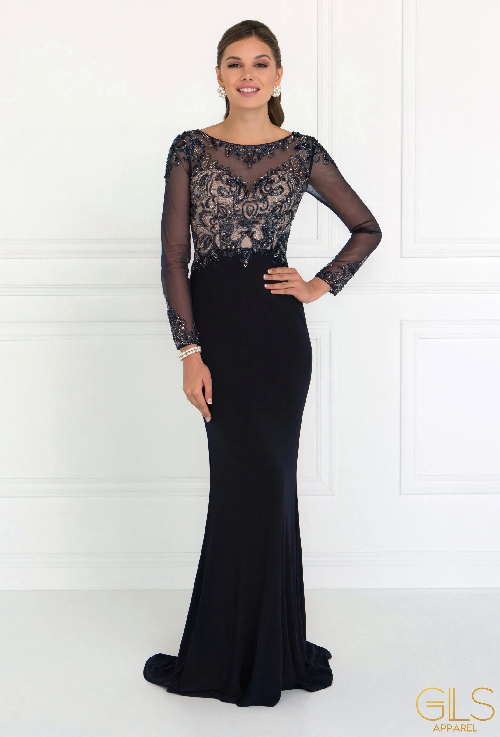 Beaded Illusion Long Sleeve Gown by Elizabeth K GL1506