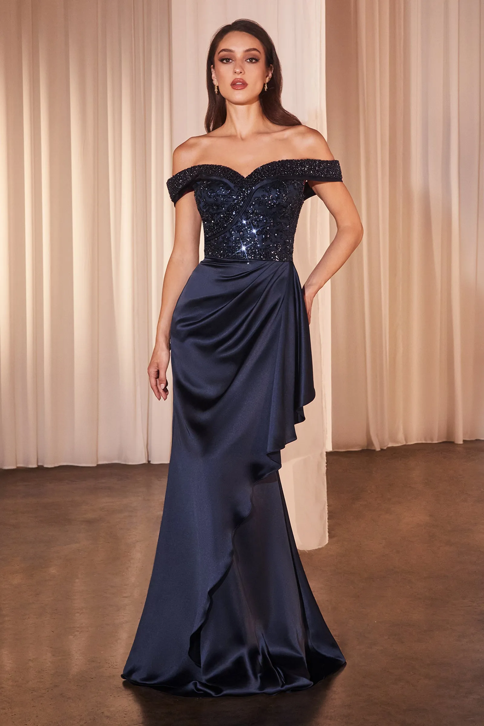 Beaded Satin Fitted Off Shoulder Gown by Ladivine CR877