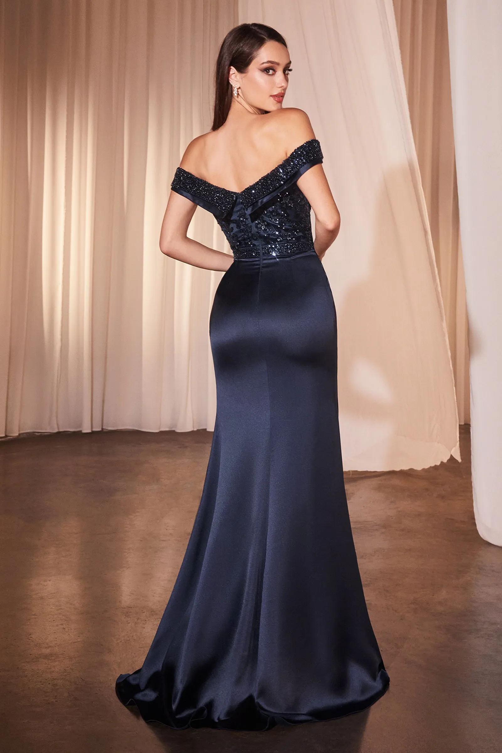 Beaded Satin Fitted Off Shoulder Gown by Ladivine CR877