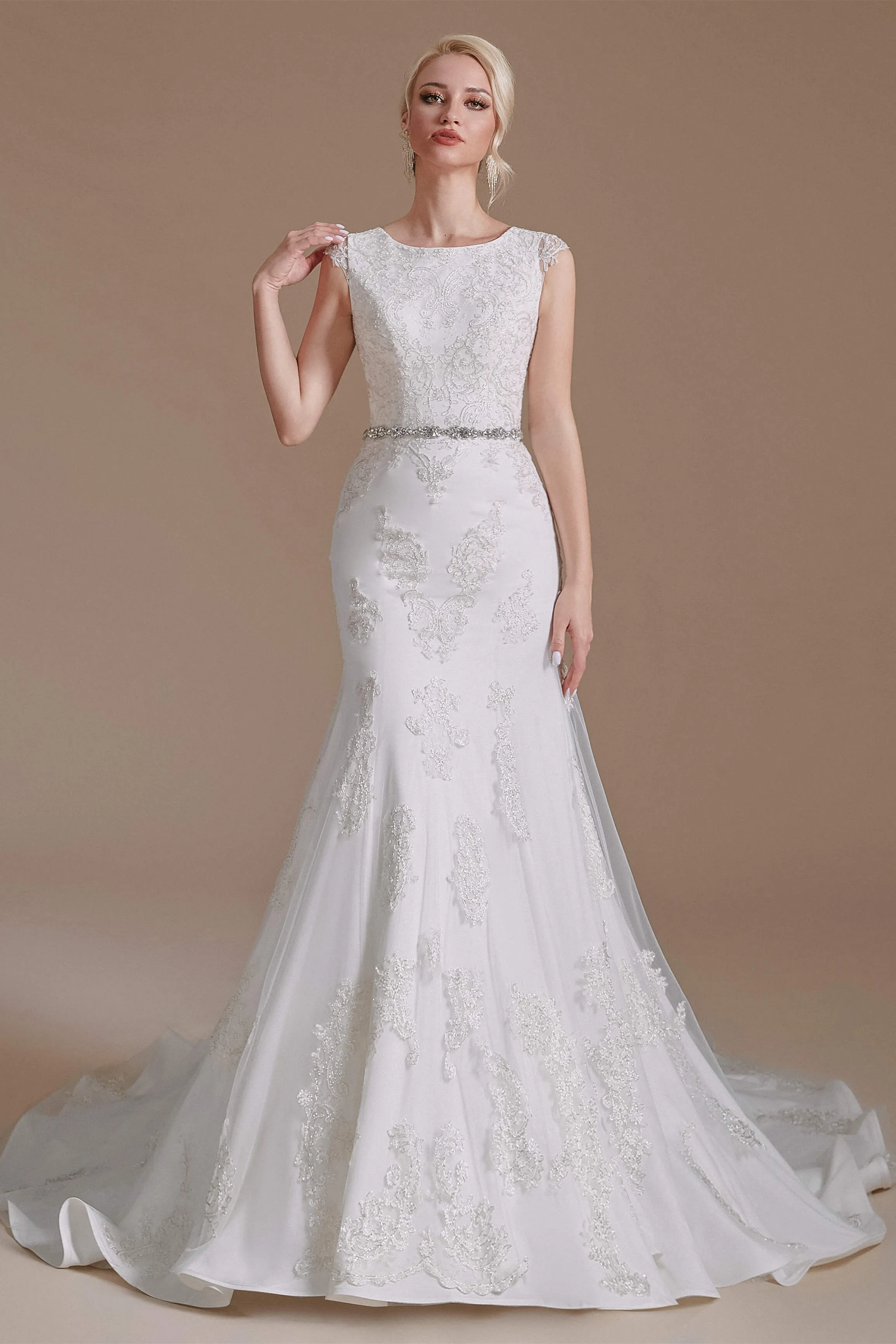 Cap Sleeve Sparkle Beaded Lace Appliques Gown Bow Sash Train Wedding dresses