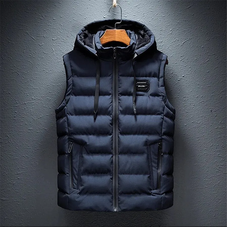 Casual Warmth: Luxury Sleeveless Hooded Vest Jacket for Men - Winter Cotton Padded Vest Coat