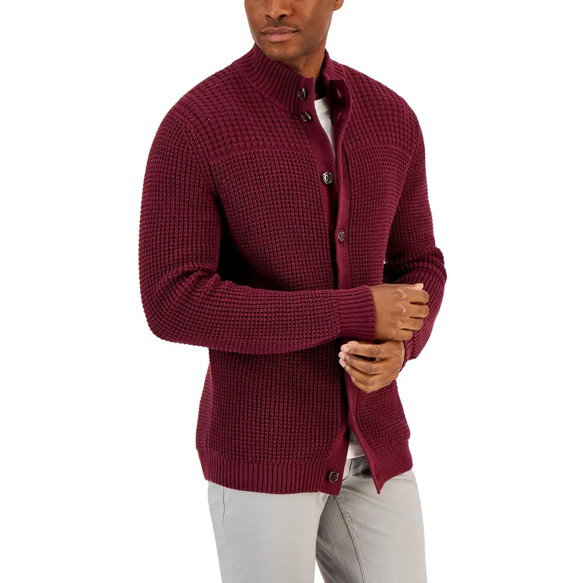 Club Room Mens Chunky Waffle Knit Cardigan Sweater