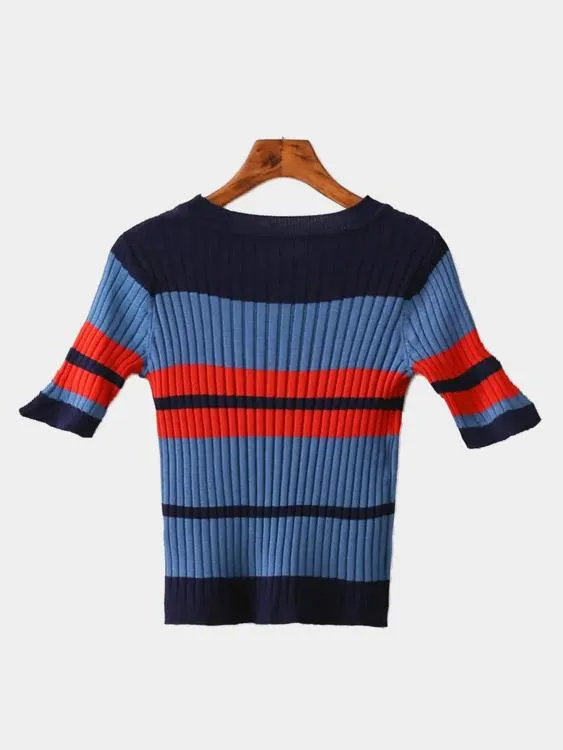 Custom Stripe Pattern Knitted Round Neckline Jumper