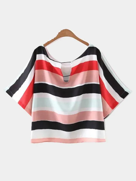 Custom Stripe Short Sleeve Slit Hem T-Shirts