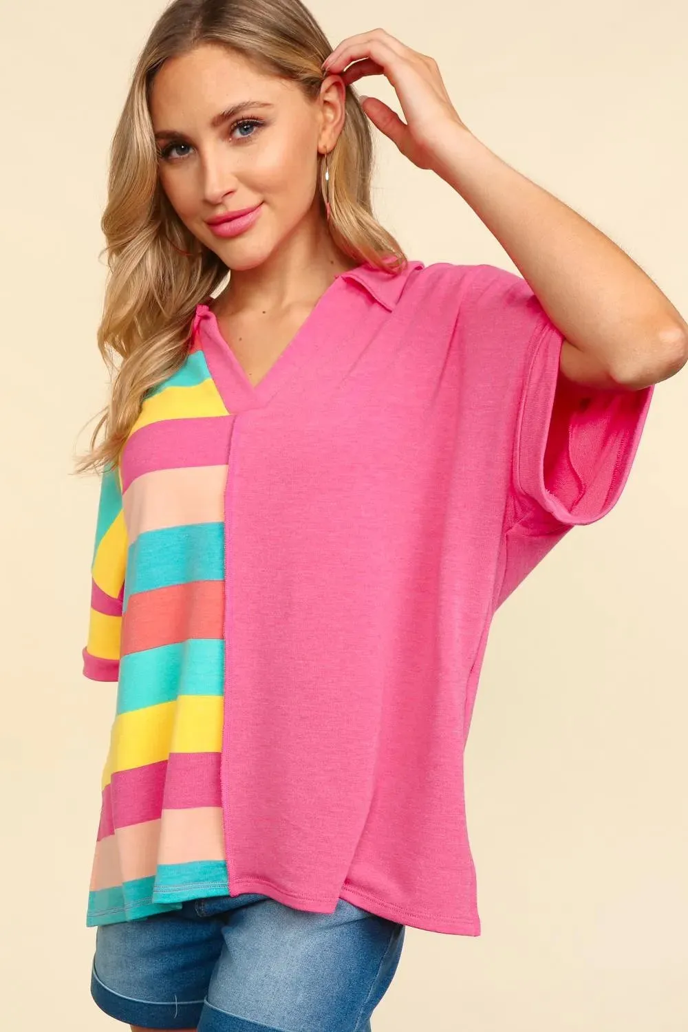 Exposed Seam Short Sleeve Half Striped T-Shirt