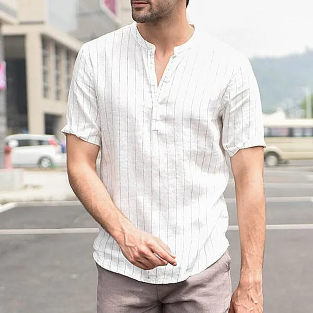 High Quality Cotton Linen Breathable Soft Striped Dress Shirt