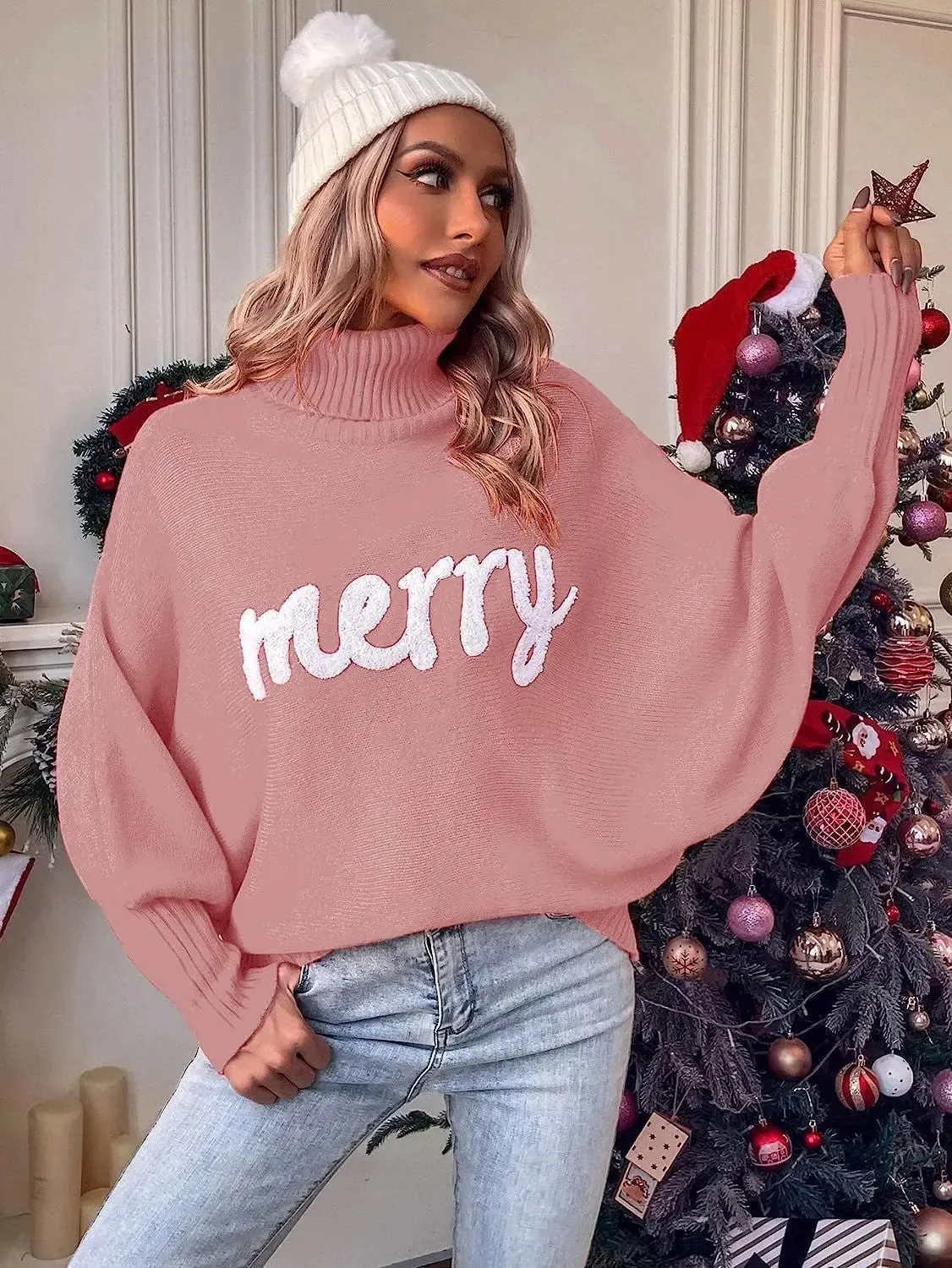 Ines - Batwing sleeve knitted sweater with turtleneck and embossed "Merry" lettering for women