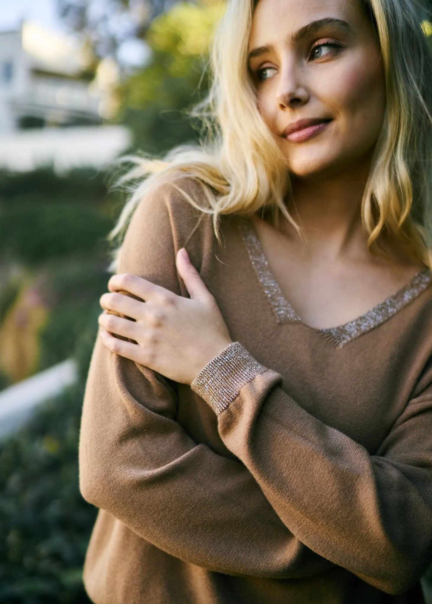 Italian Lurex Knit with Shimmer Neckline In Camel