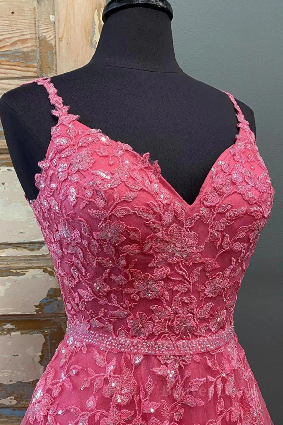 kamahe A Line V Neck Open Back Beaded Hot Pink Lace Long Prom Dresses, Hot Pink Lace Formal Graduation Evening Dresses