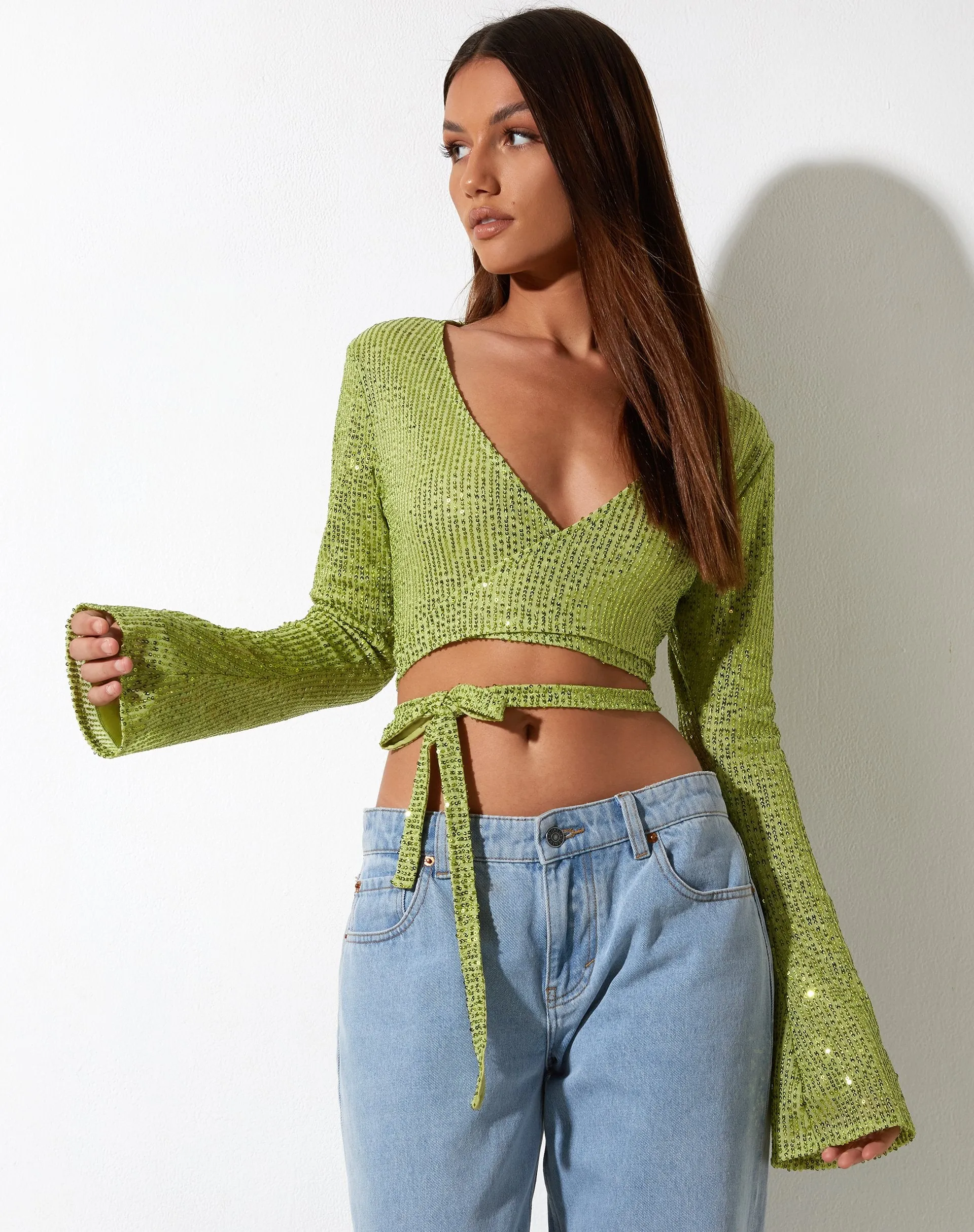 Lania Cardi in Drape Sequin Lime Green