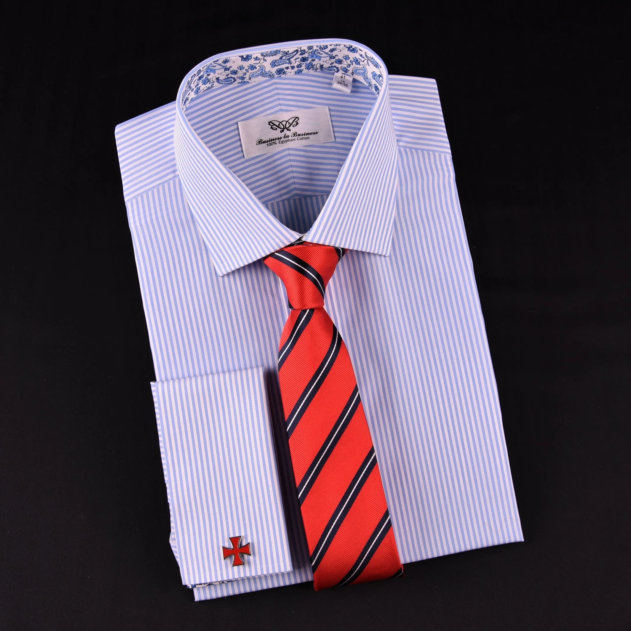 Light Blue Striped Business Dress Shirt Formal Paisley Floral Designer Fashion in French Cuffs with Spread Collar