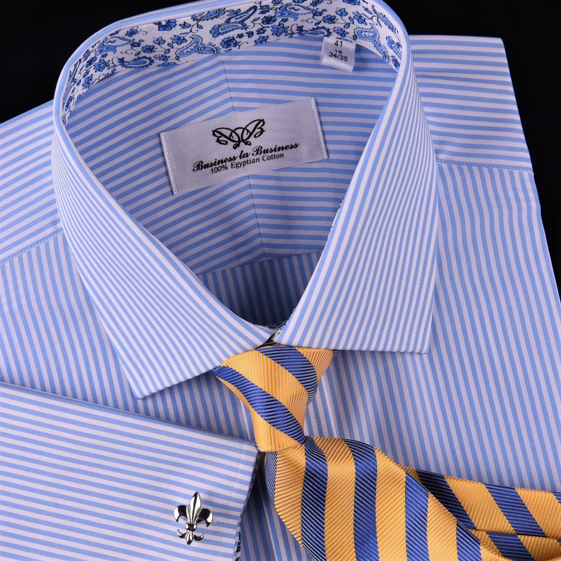 Light Blue Striped Business Dress Shirt Formal Paisley Floral Designer Fashion in French Cuffs with Spread Collar