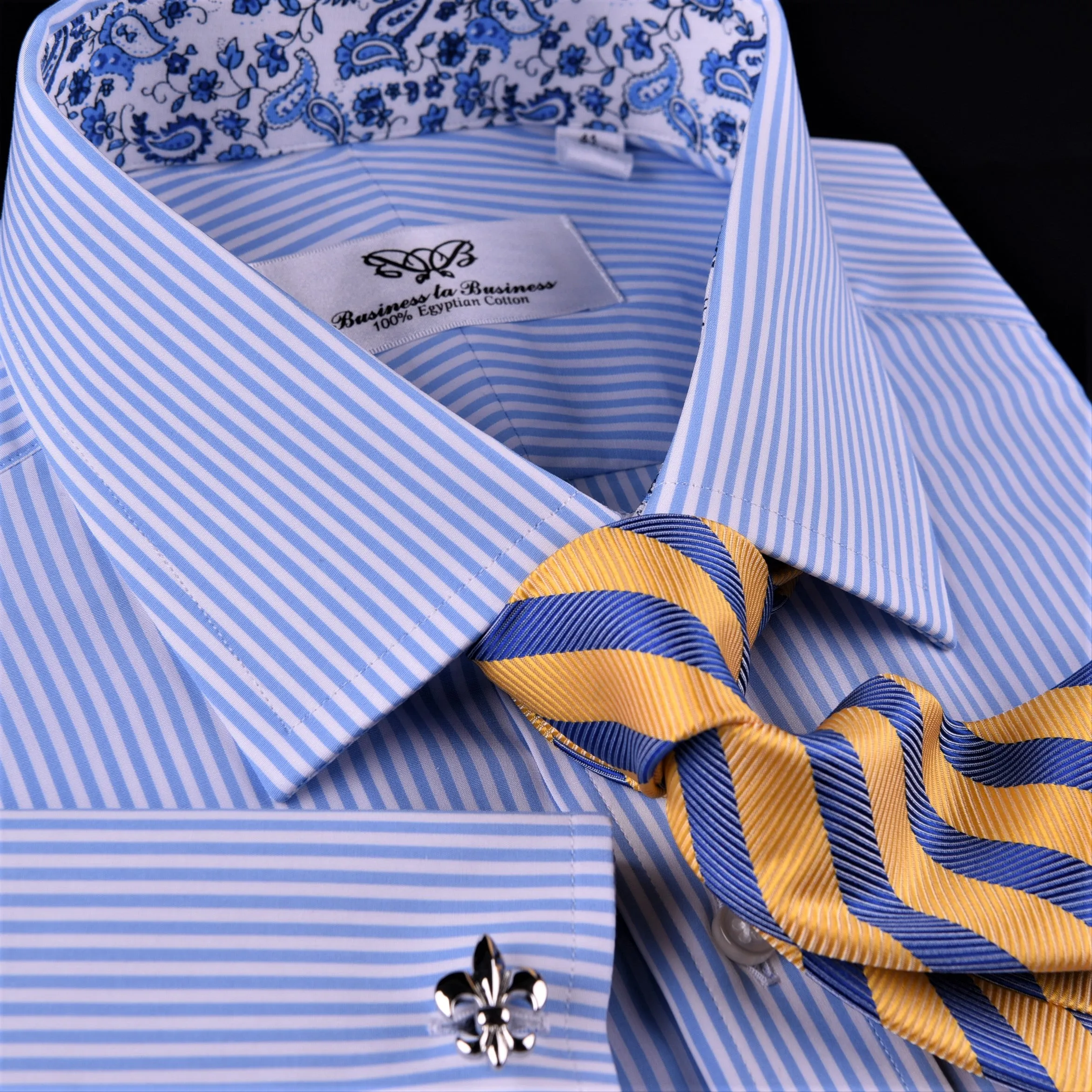 Light Blue Striped Business Dress Shirt Formal Paisley Floral Designer Fashion in French Cuffs with Spread Collar