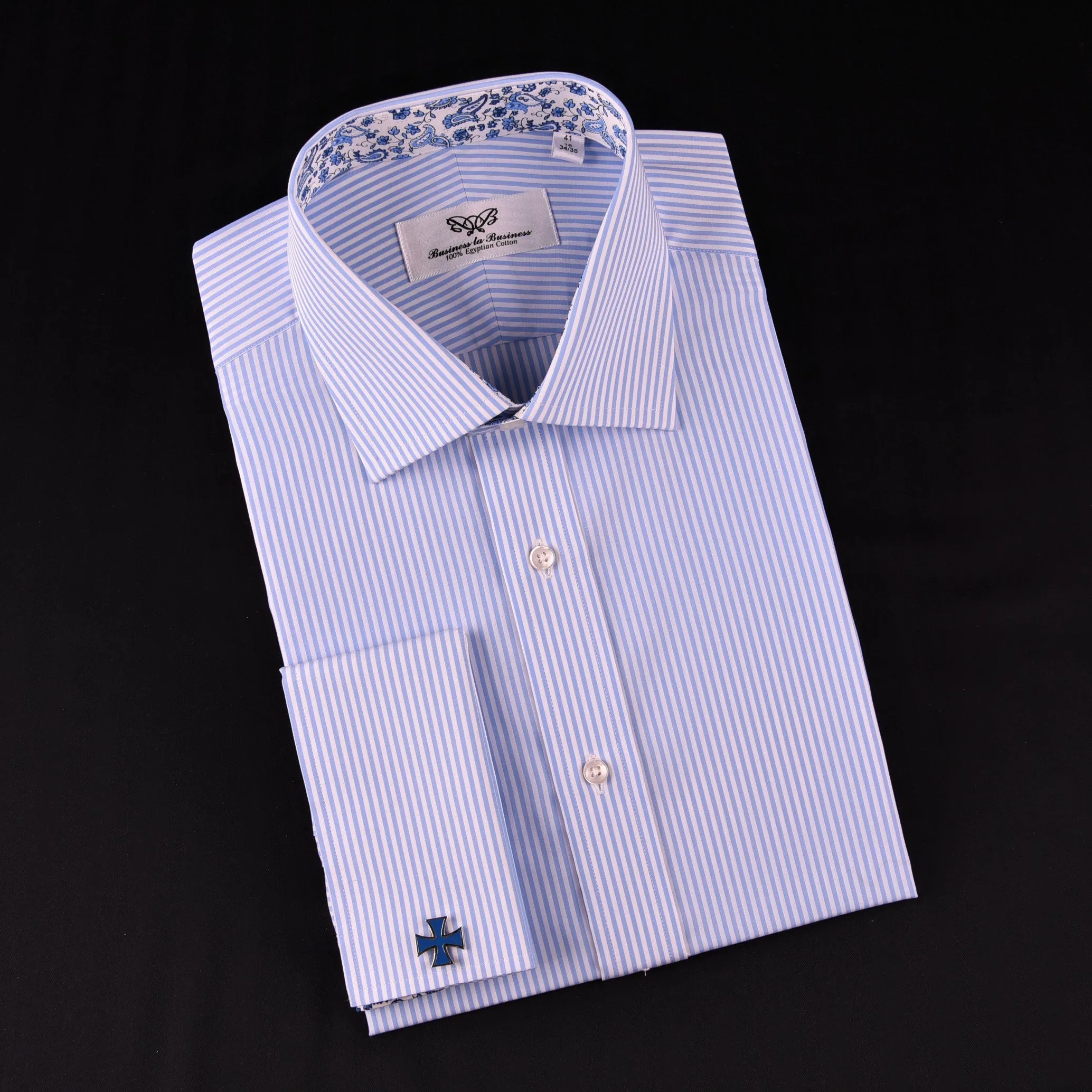 Light Blue Striped Business Dress Shirt Formal Paisley Floral Designer Fashion in French Cuffs with Spread Collar