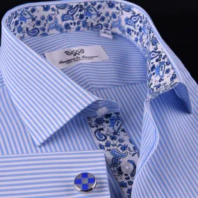 Light Blue Striped Business Dress Shirt Formal Paisley Floral Designer Fashion in French Cuffs with Spread Collar