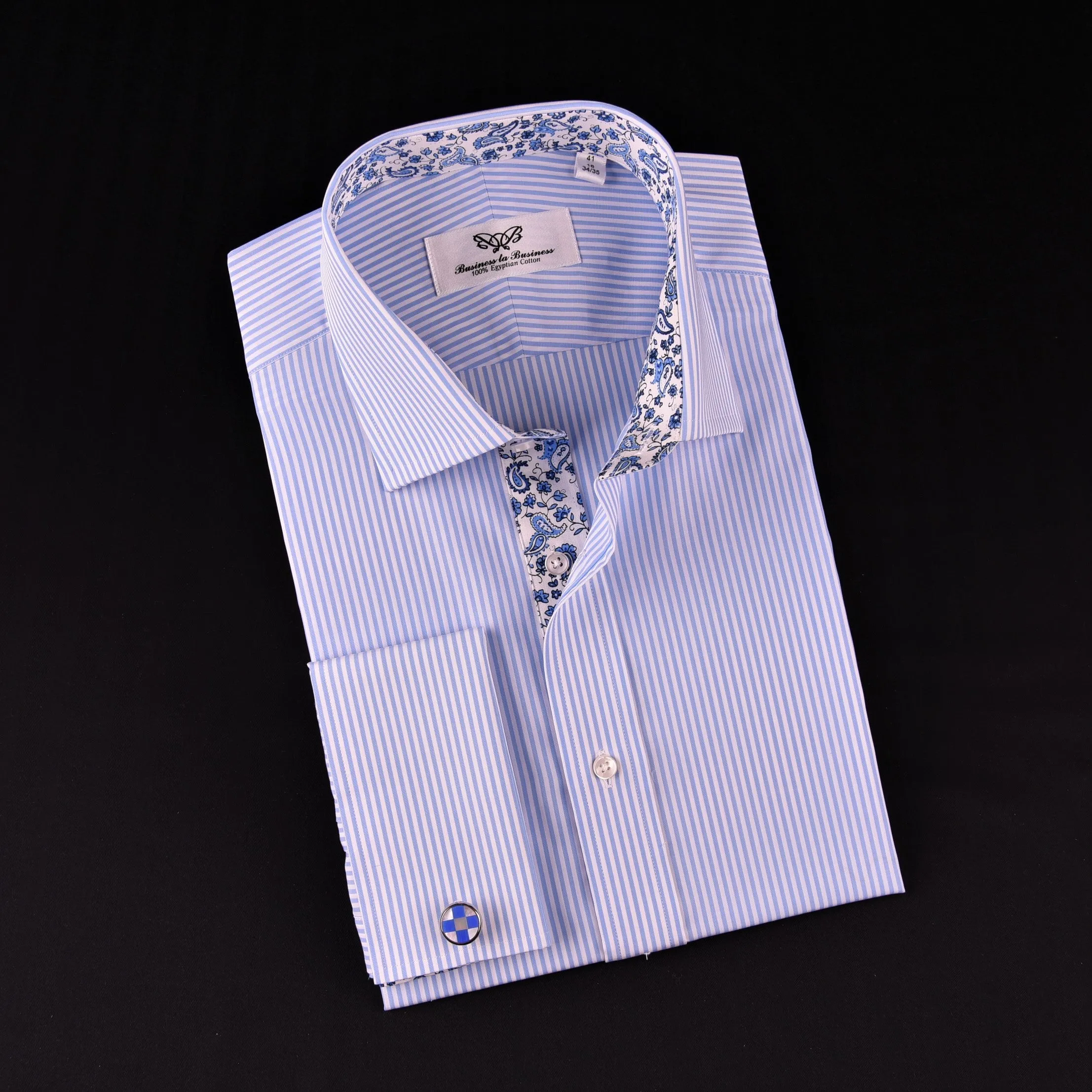 Light Blue Striped Business Dress Shirt Formal Paisley Floral Designer Fashion in French Cuffs with Spread Collar