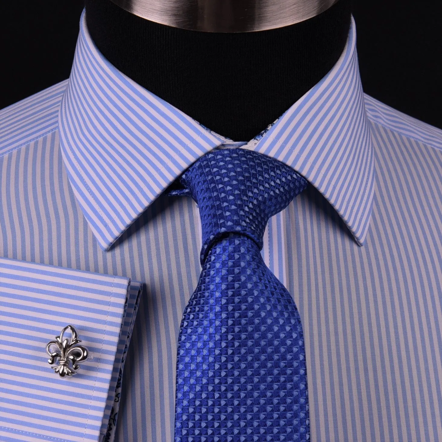 Light Blue Striped Business Dress Shirt Formal Paisley Floral Designer Fashion in French Cuffs with Spread Collar