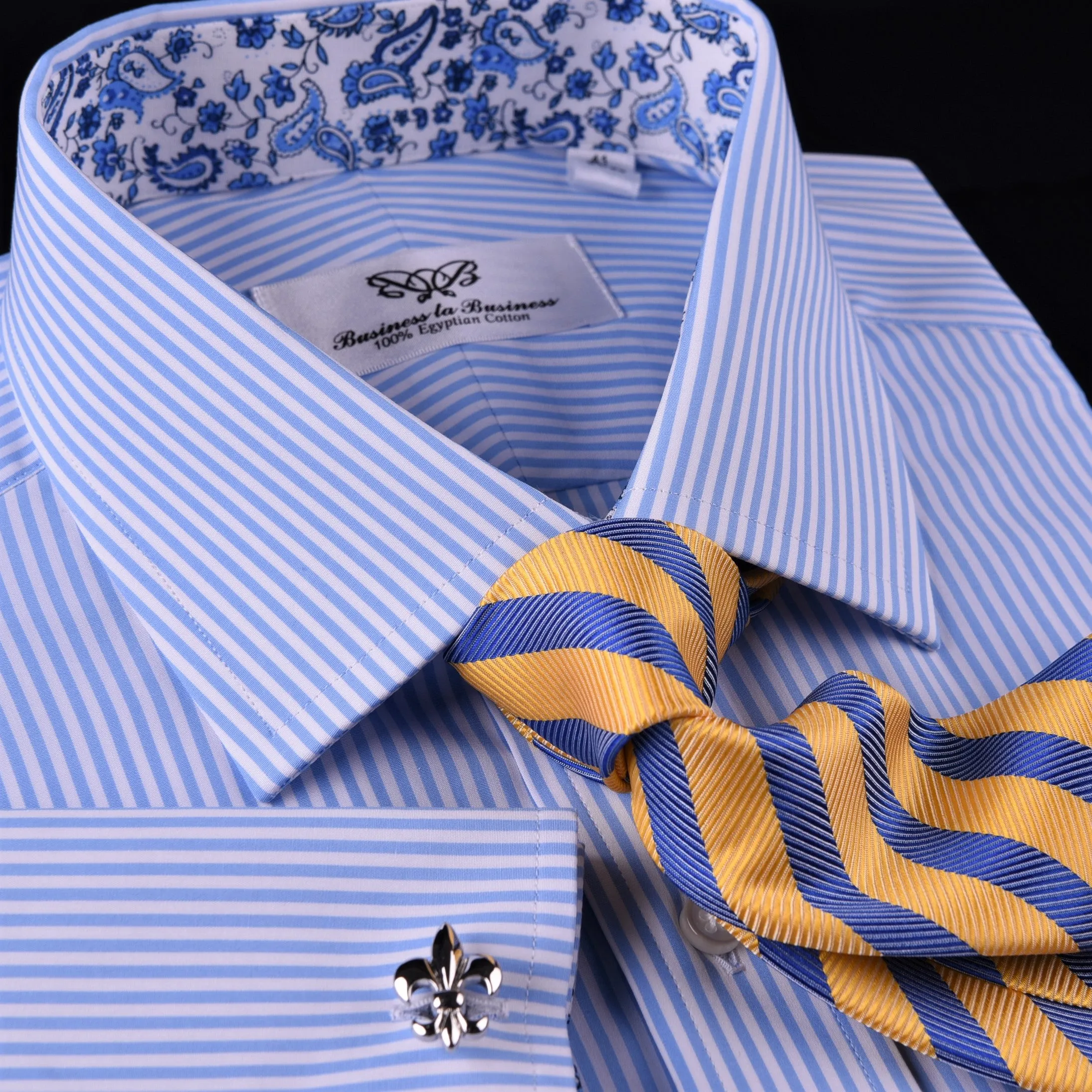 Light Blue Striped Business Dress Shirt Formal Paisley Floral Designer Fashion in French Cuffs with Spread Collar