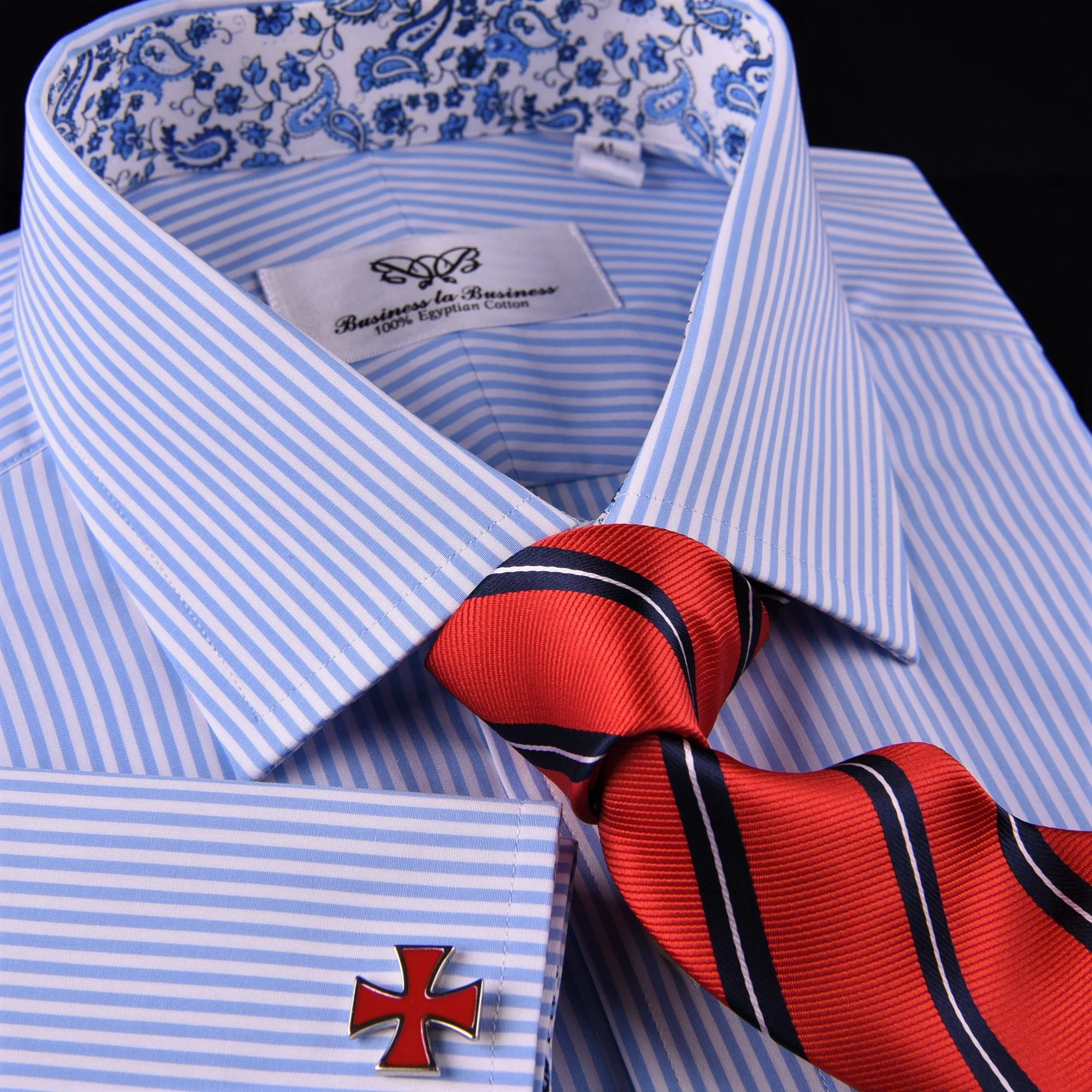 Light Blue Striped Business Dress Shirt Formal Paisley Floral Designer Fashion in French Cuffs with Spread Collar