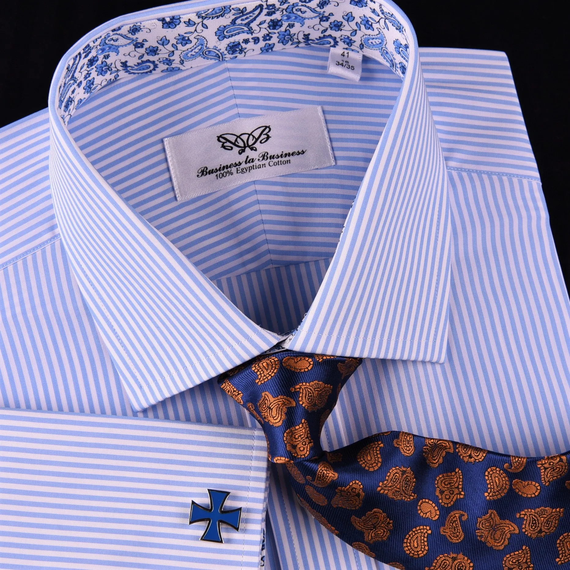 Light Blue Striped Business Dress Shirt Formal Paisley Floral Designer Fashion in French Cuffs with Spread Collar