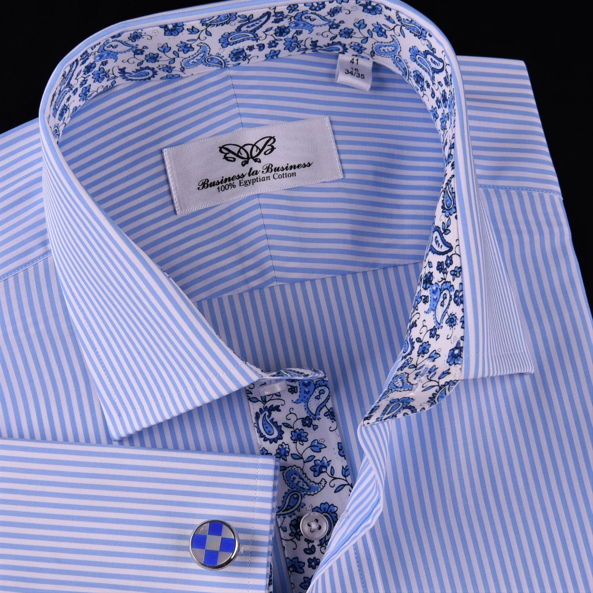 Light Blue Striped Business Dress Shirt Formal Paisley Floral Designer Fashion in French Cuffs with Spread Collar