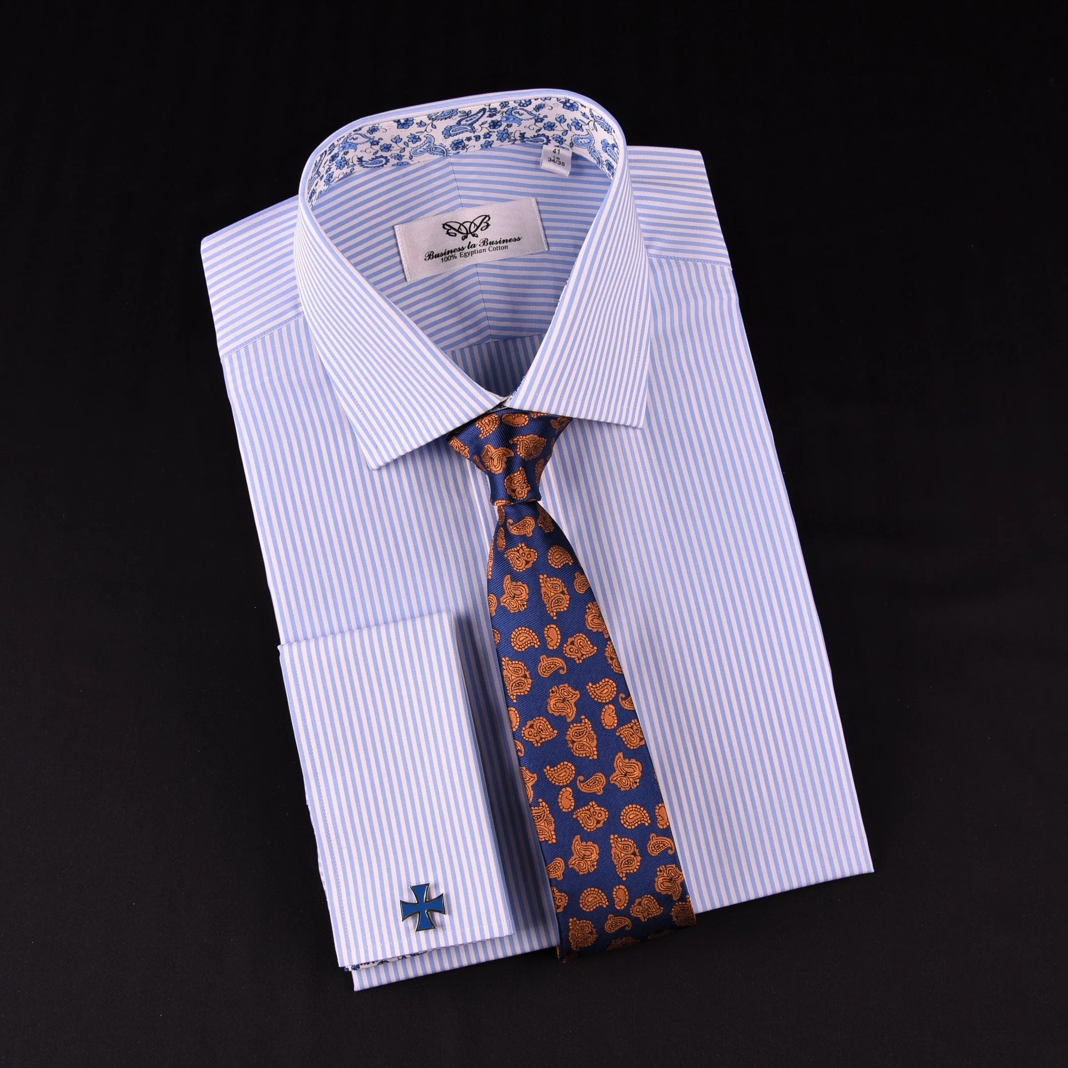 Light Blue Striped Business Dress Shirt Formal Paisley Floral Designer Fashion in French Cuffs with Spread Collar