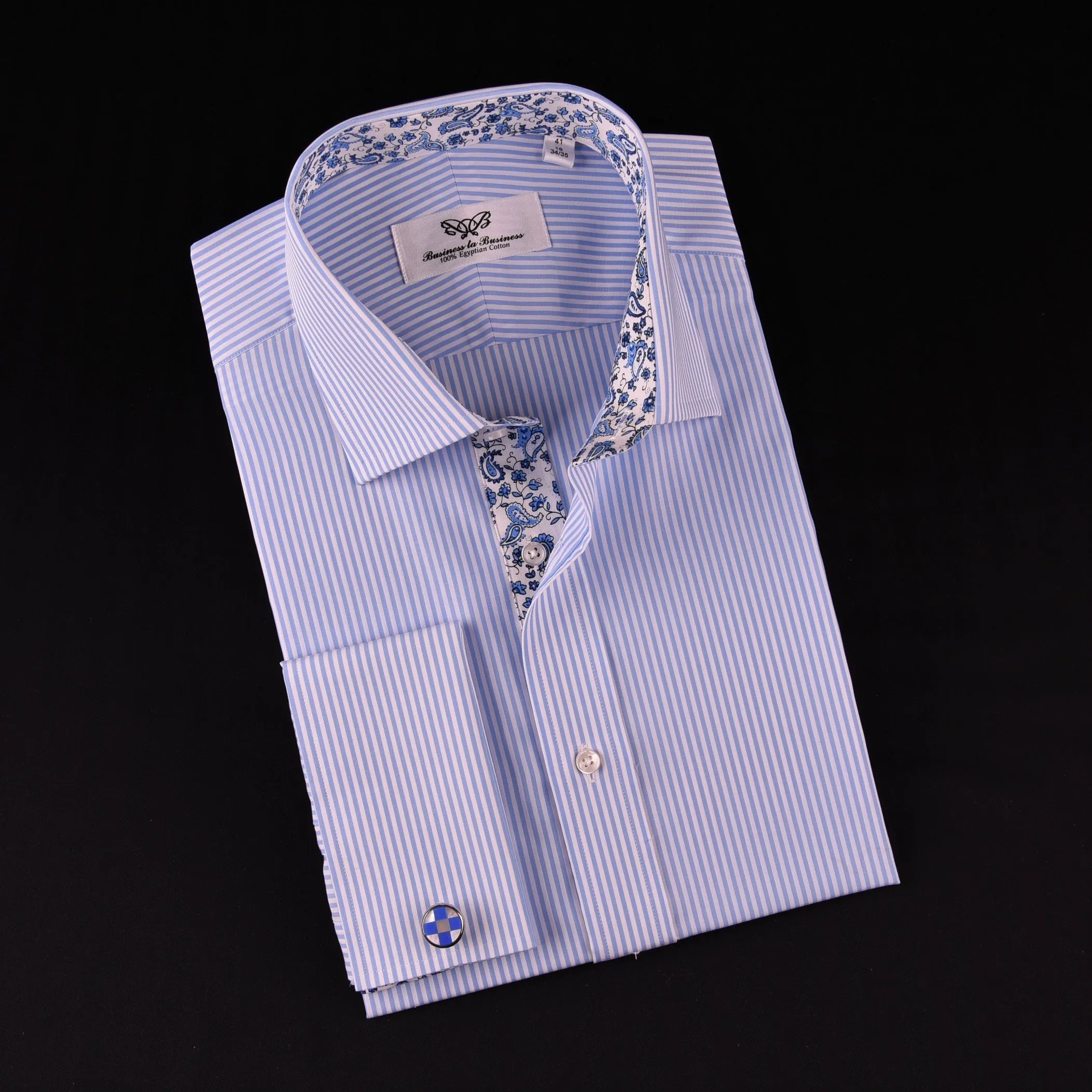 Light Blue Striped Business Dress Shirt Formal Paisley Floral Designer Fashion in French Cuffs with Spread Collar