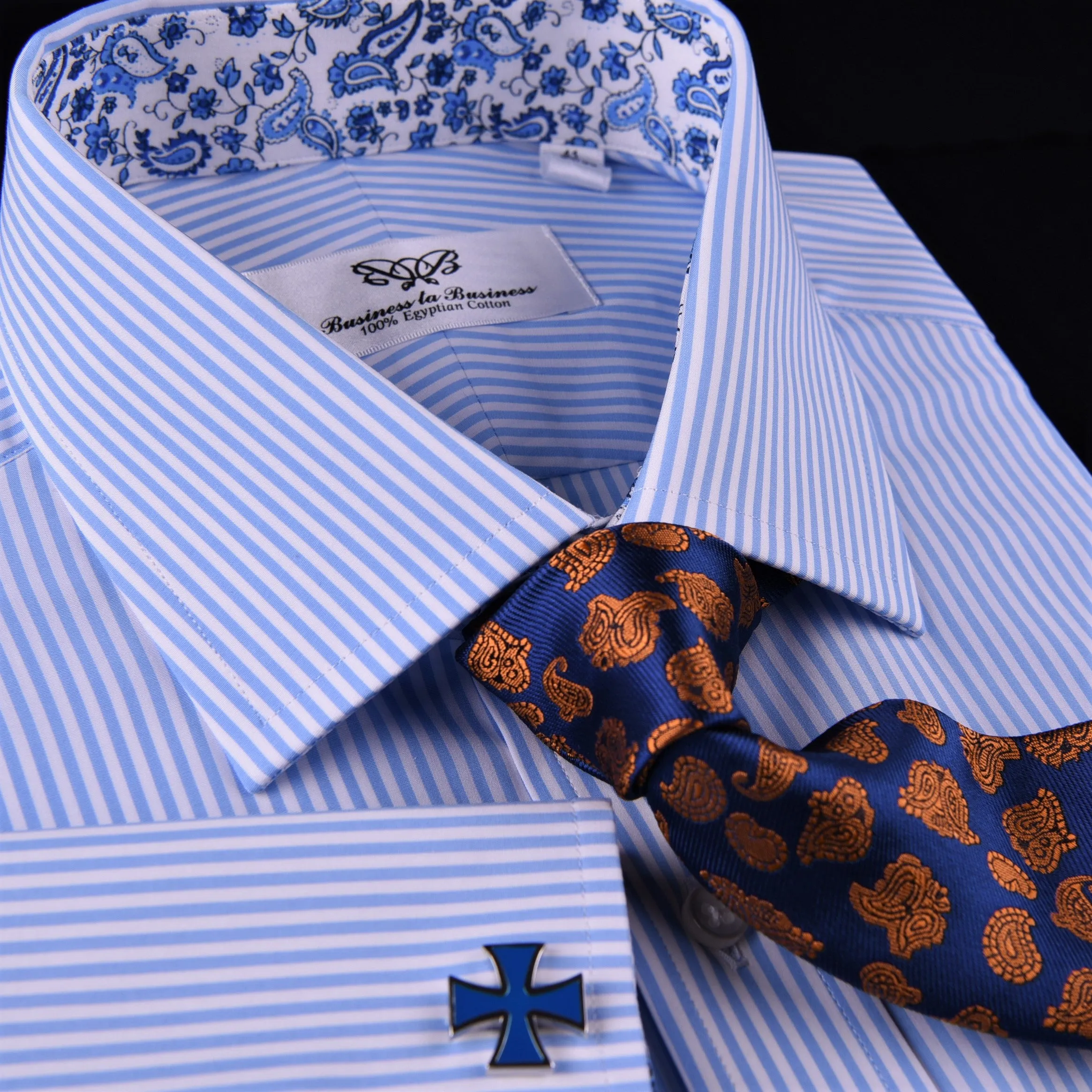 Light Blue Striped Business Dress Shirt Formal Paisley Floral Designer Fashion in French Cuffs with Spread Collar