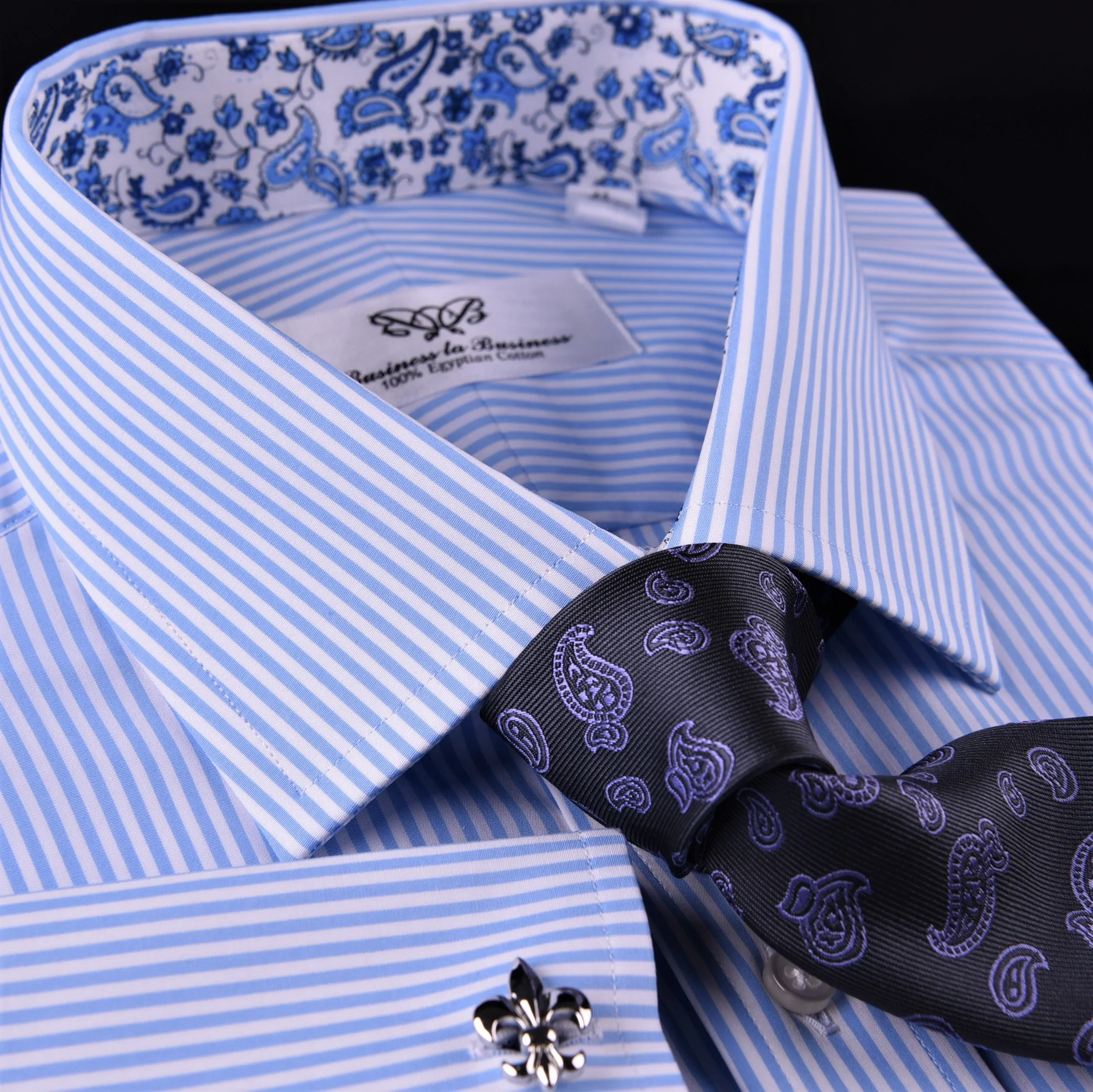 Light Blue Striped Business Dress Shirt Formal Paisley Floral Designer Fashion in French Cuffs with Spread Collar