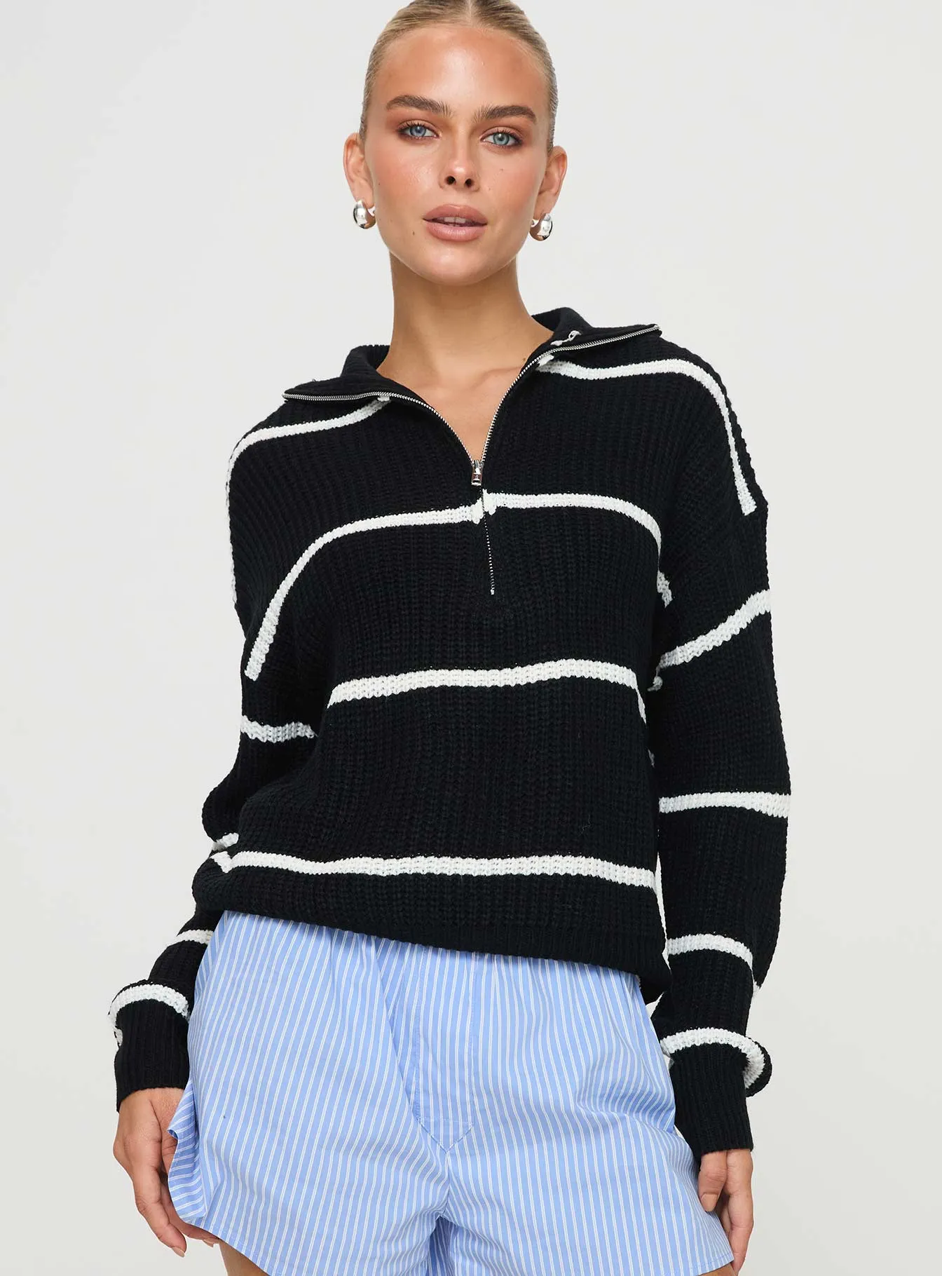 Lilliunna Quarter Zip Front Sweater Black / White Stripe