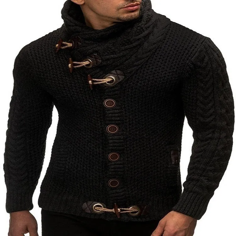 Men's Fahsion Cowl Neck Horn Button Single Breasted Cardigan