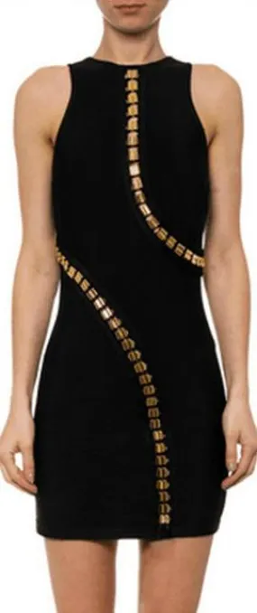 Metal-Beaded Black Mini Tank Bandage Dress