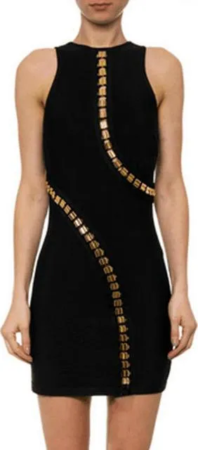 Metal-Beaded Black Mini Tank Bandage Dress