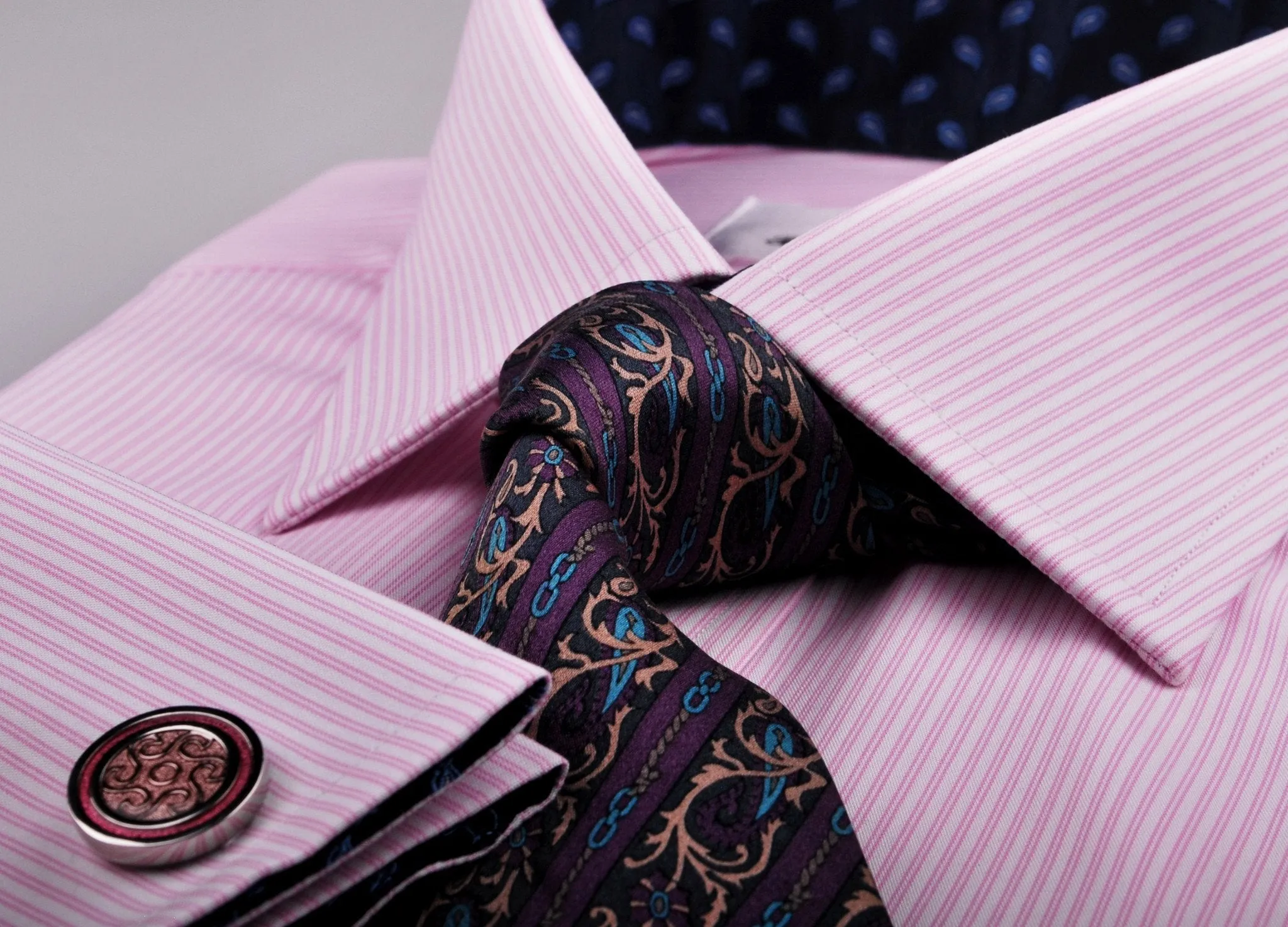 Pink Hollow Stripe Formal Business Dress Shirt with Blue Flame Inner-Lining