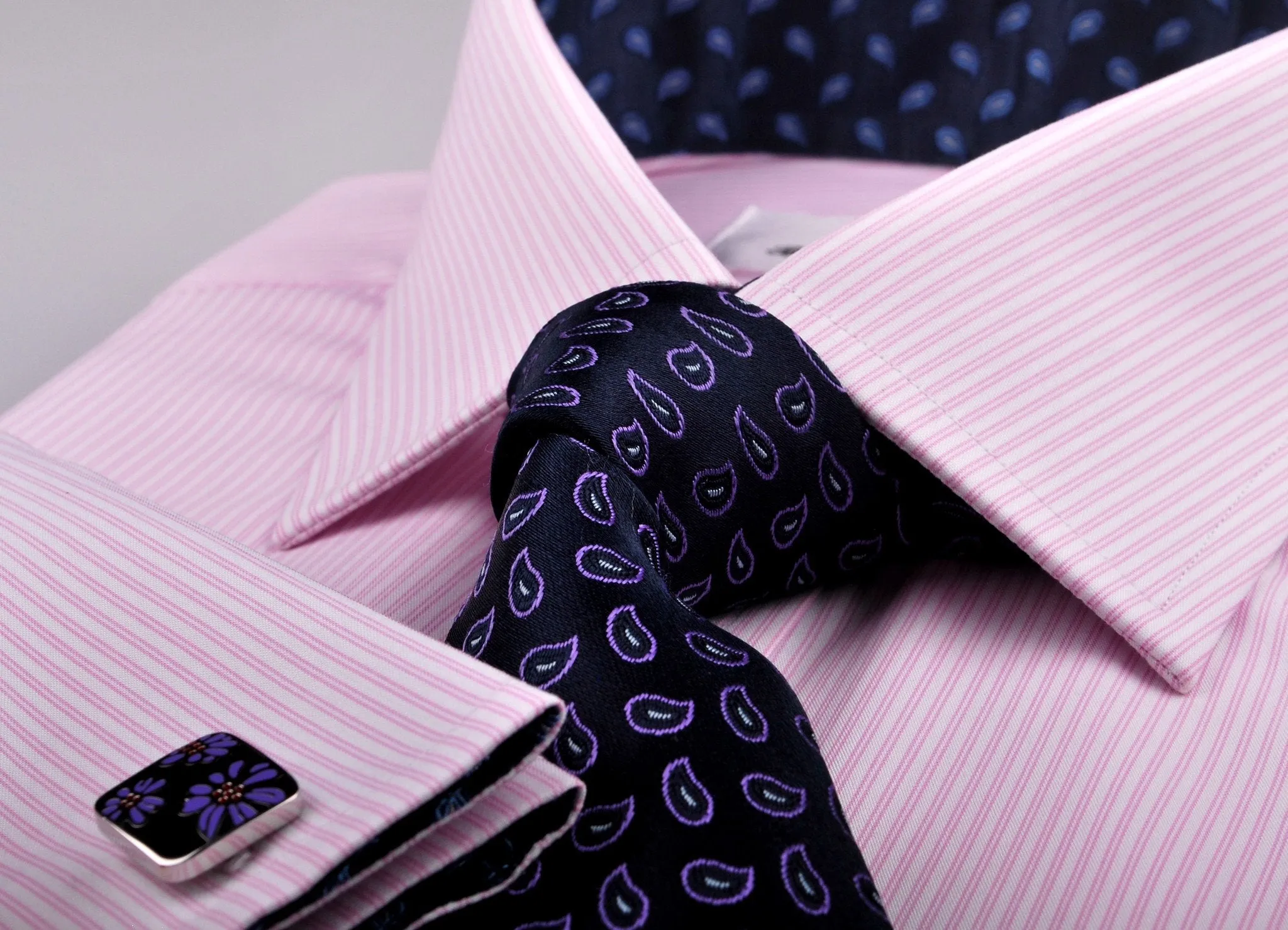 Pink Hollow Stripe Formal Business Dress Shirt with Blue Flame Inner-Lining