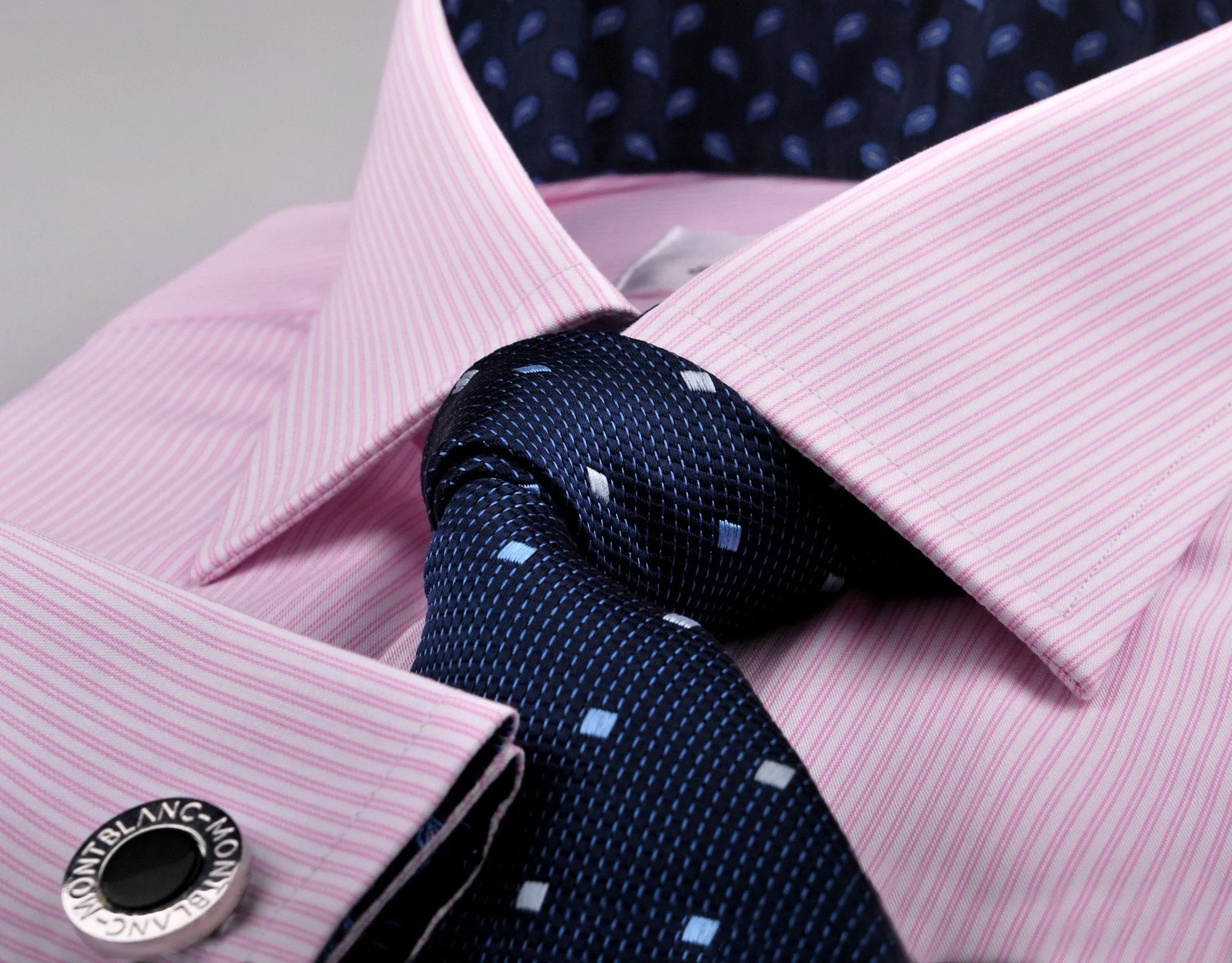 Pink Hollow Stripe Formal Business Dress Shirt with Blue Flame Inner-Lining