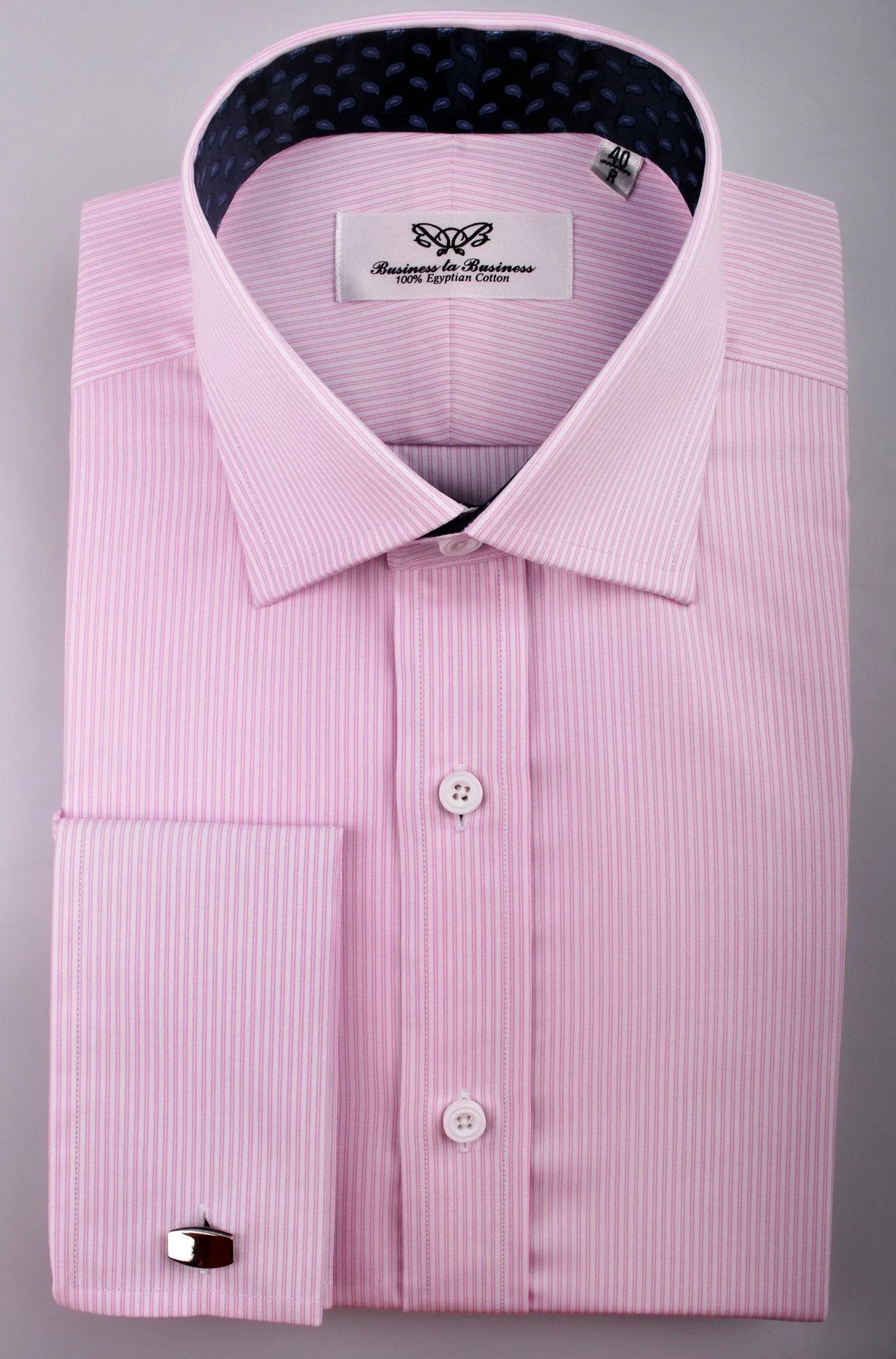 Pink Hollow Stripe Formal Business Dress Shirt with Blue Flame Inner-Lining