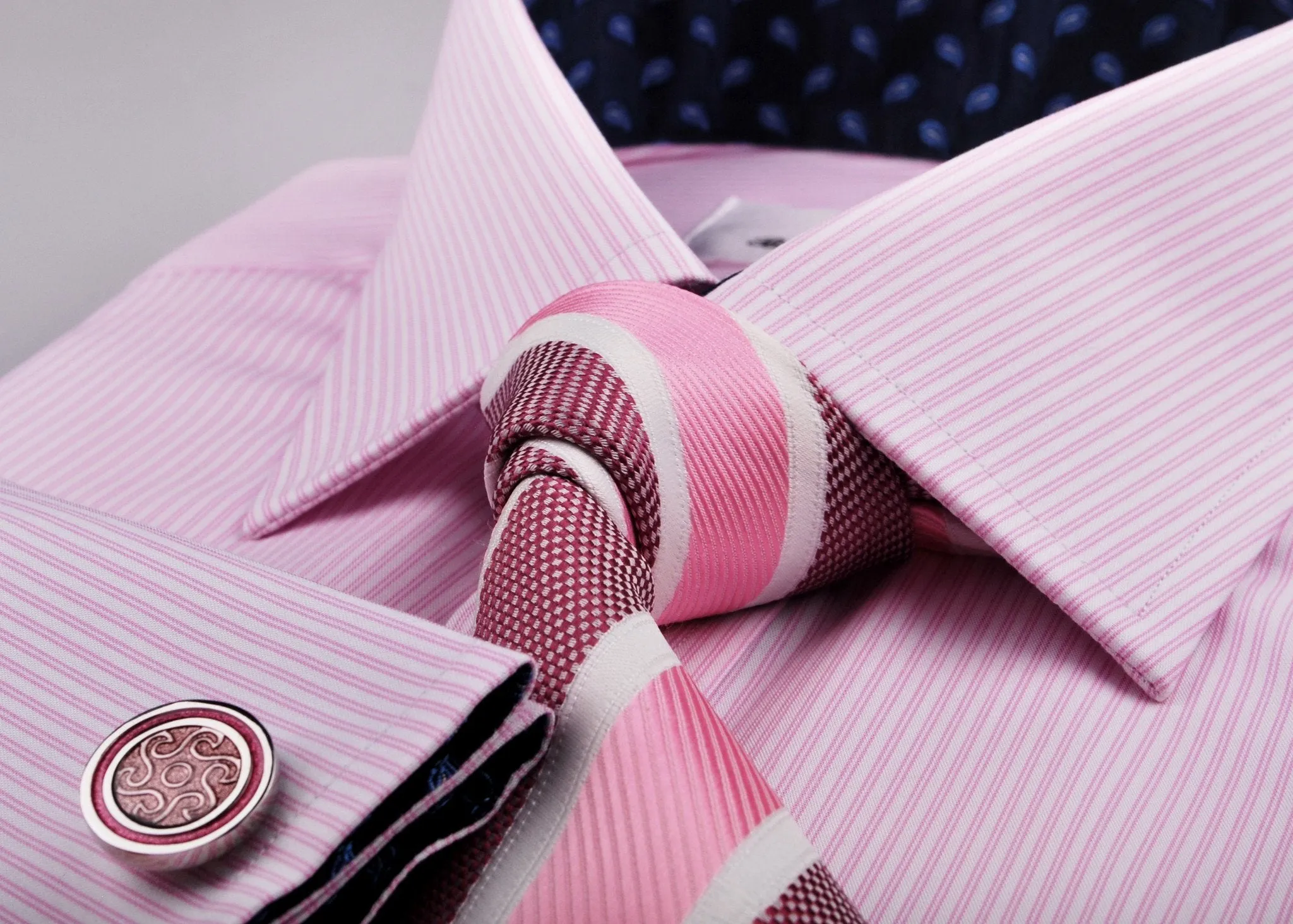 Pink Hollow Stripe Formal Business Dress Shirt with Blue Flame Inner-Lining