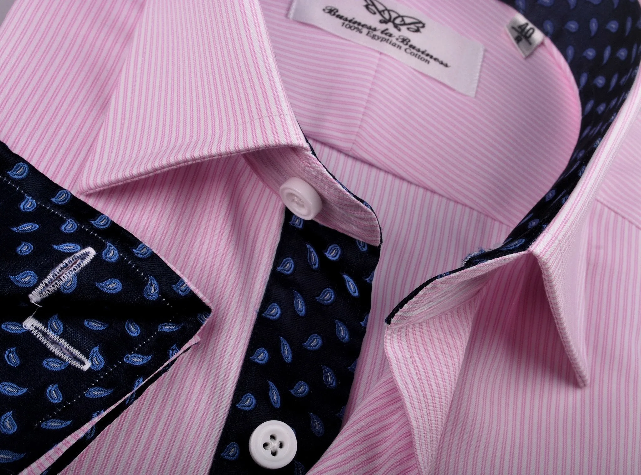 Pink Hollow Stripe Formal Business Dress Shirt with Blue Flame Inner-Lining