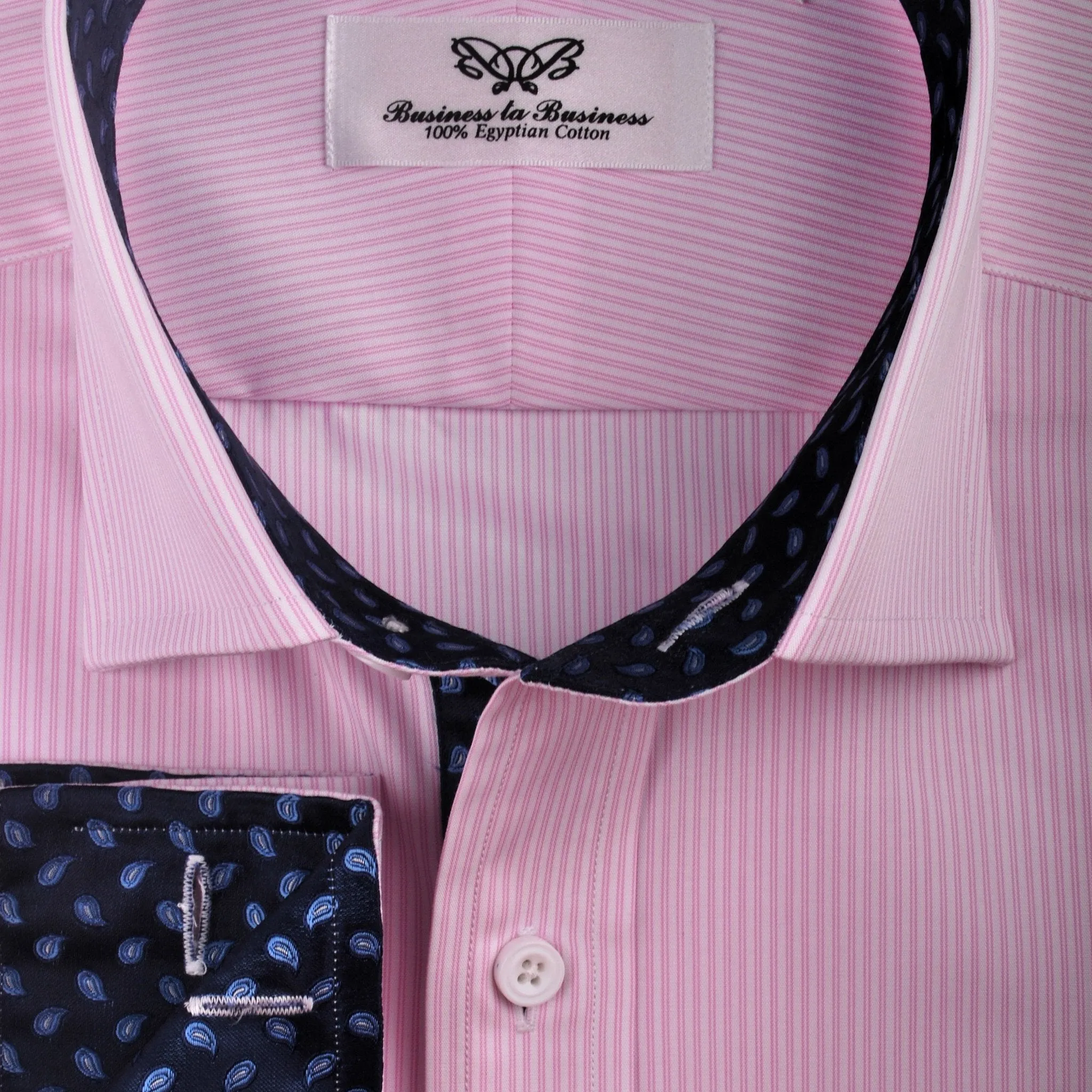 Pink Hollow Stripe Formal Business Dress Shirt with Blue Flame Inner-Lining