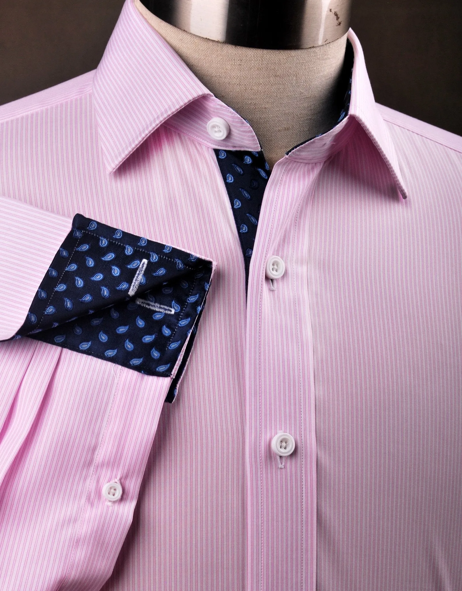 Pink Hollow Stripe Formal Business Dress Shirt with Blue Flame Inner-Lining