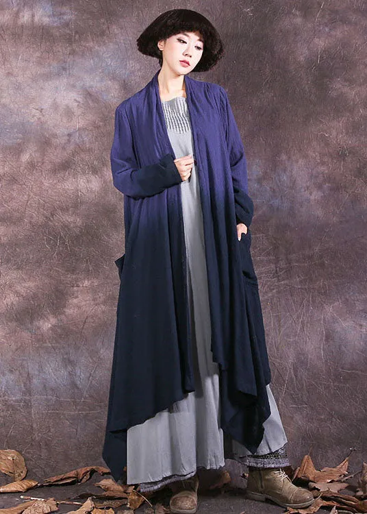 Plus Size Blue Asymmetrical Gradient color Cotton Spring wrap coat