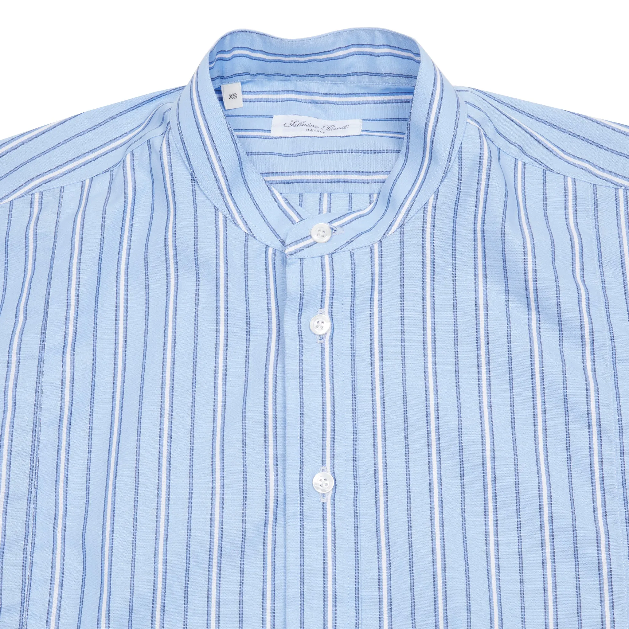 Salvatore Piccolo Women's Collarless Pop-Over Shirt in Blue Stripe